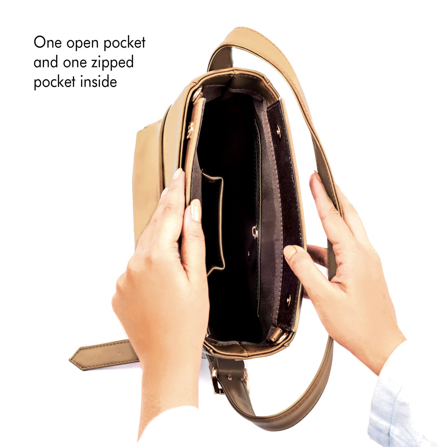 Taupe bucket bag for women with one open pocket and one zipped pocket inside