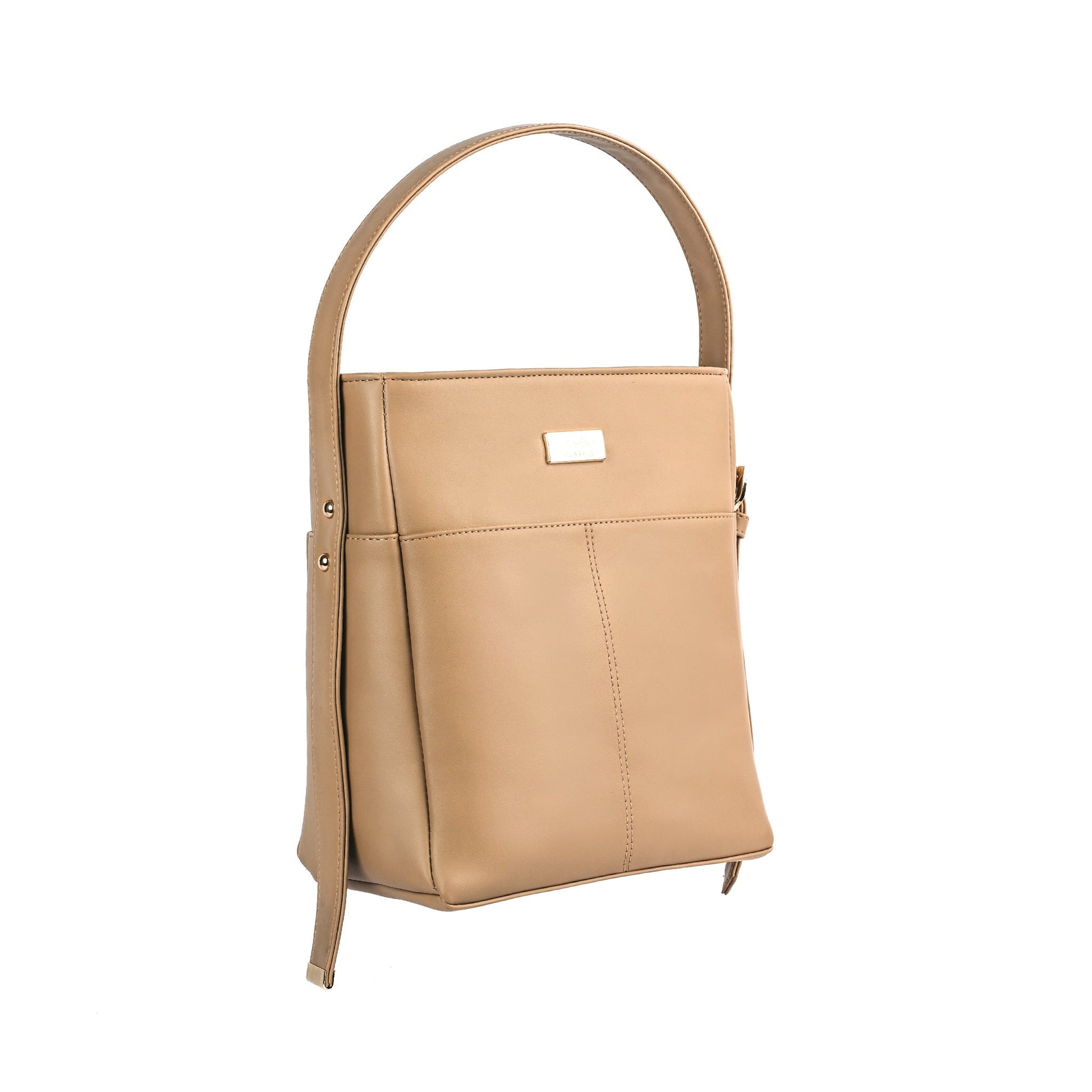 Stylish taupe bucket bag for women with a sleek design and adjustable strap by Stylera 
