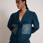 Stylera teal cotton shirt for women with embroidery and button-down front