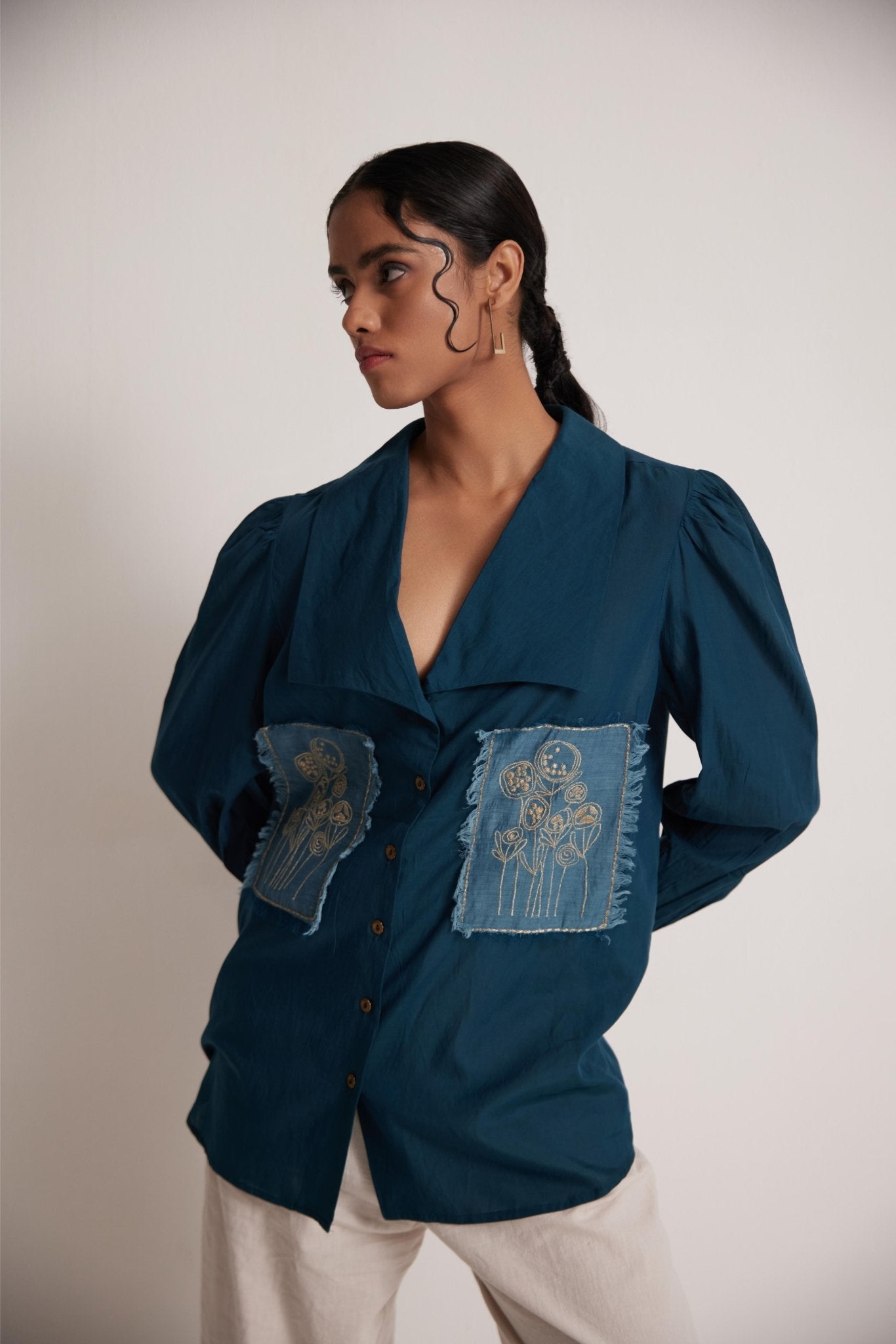 Stylera teal cotton shirt for women with embroidery and button-down front