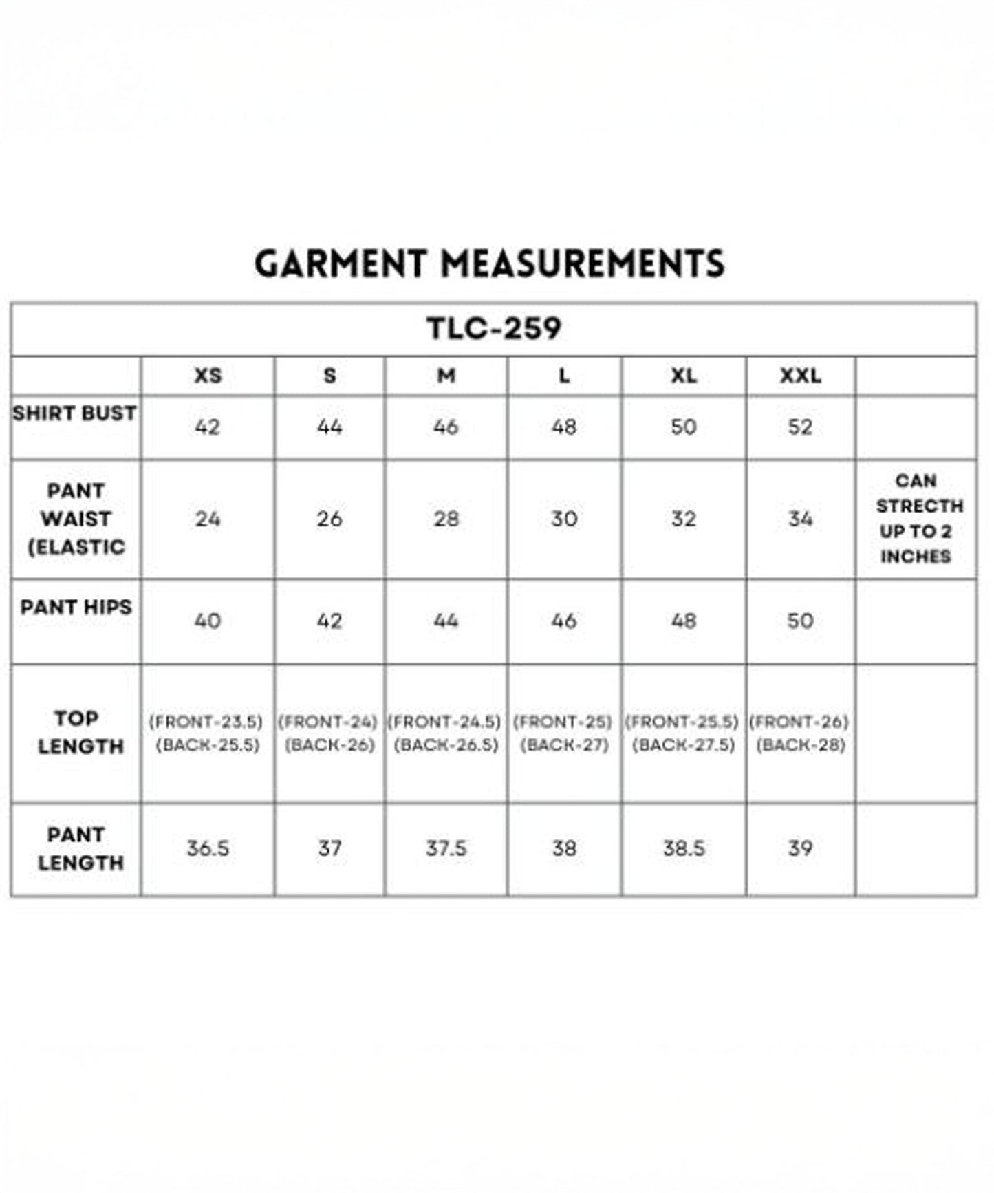 Size chart for Accented Set with measurements for batwing sleeve shirt, pants, and top in sizes XS to XXL.
