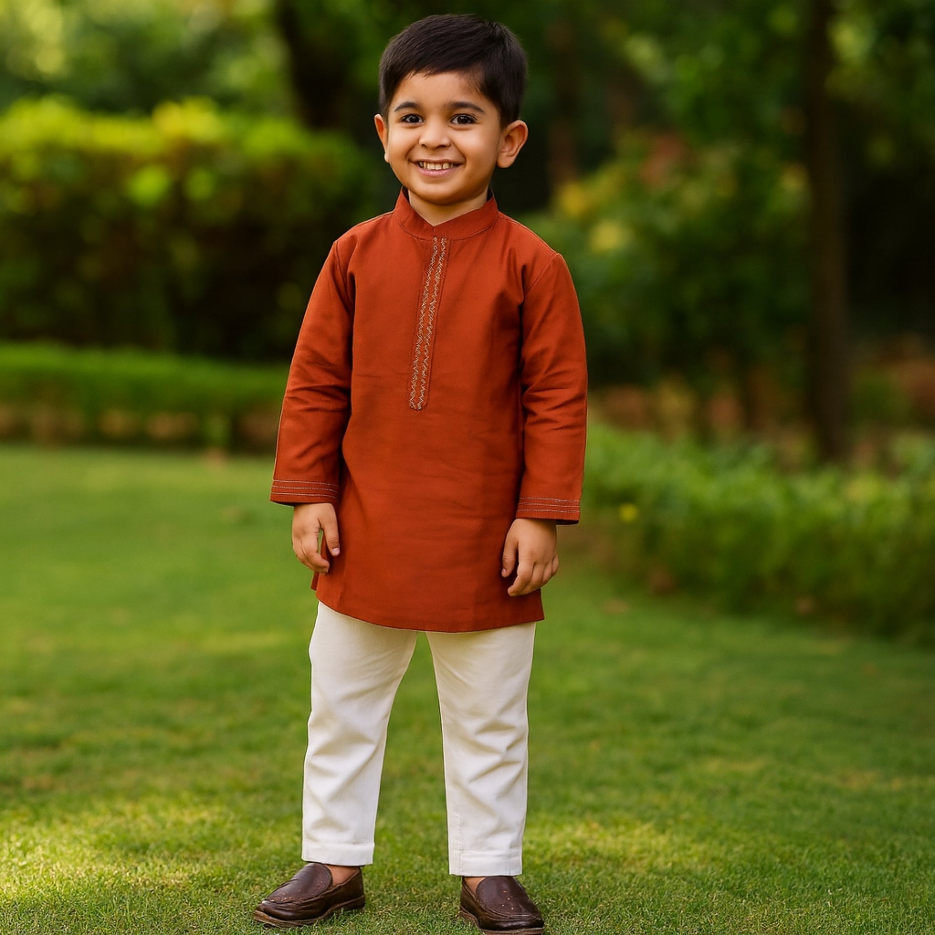 Traditional boys kurta set in rust color with white pants for festive occasions and celebrations
