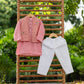 Traditional kurta pajama for boys in pink with embroidered details and white pants