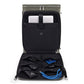 Stylera stylish carry on suitcase open to show laptop compartment and organized accessory pockets with blue cable