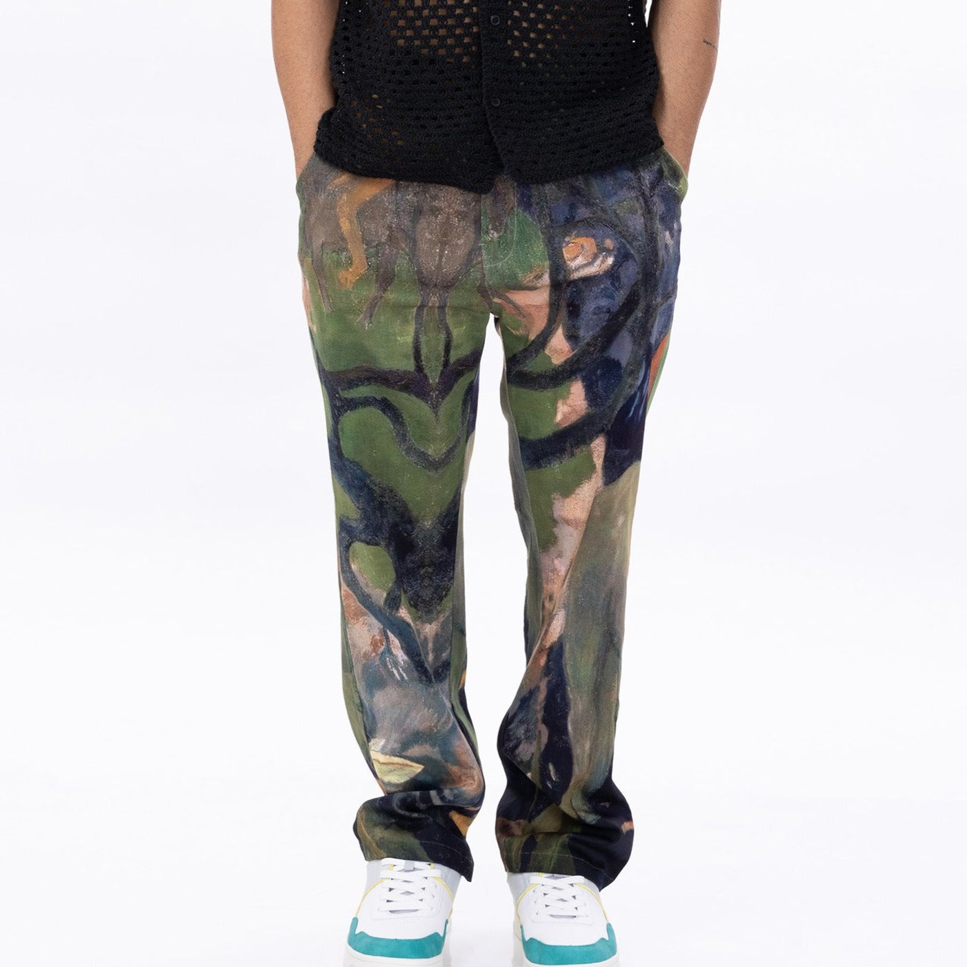 Trendy abstract pattern pants from Stylera featuring a colorful and artistic design