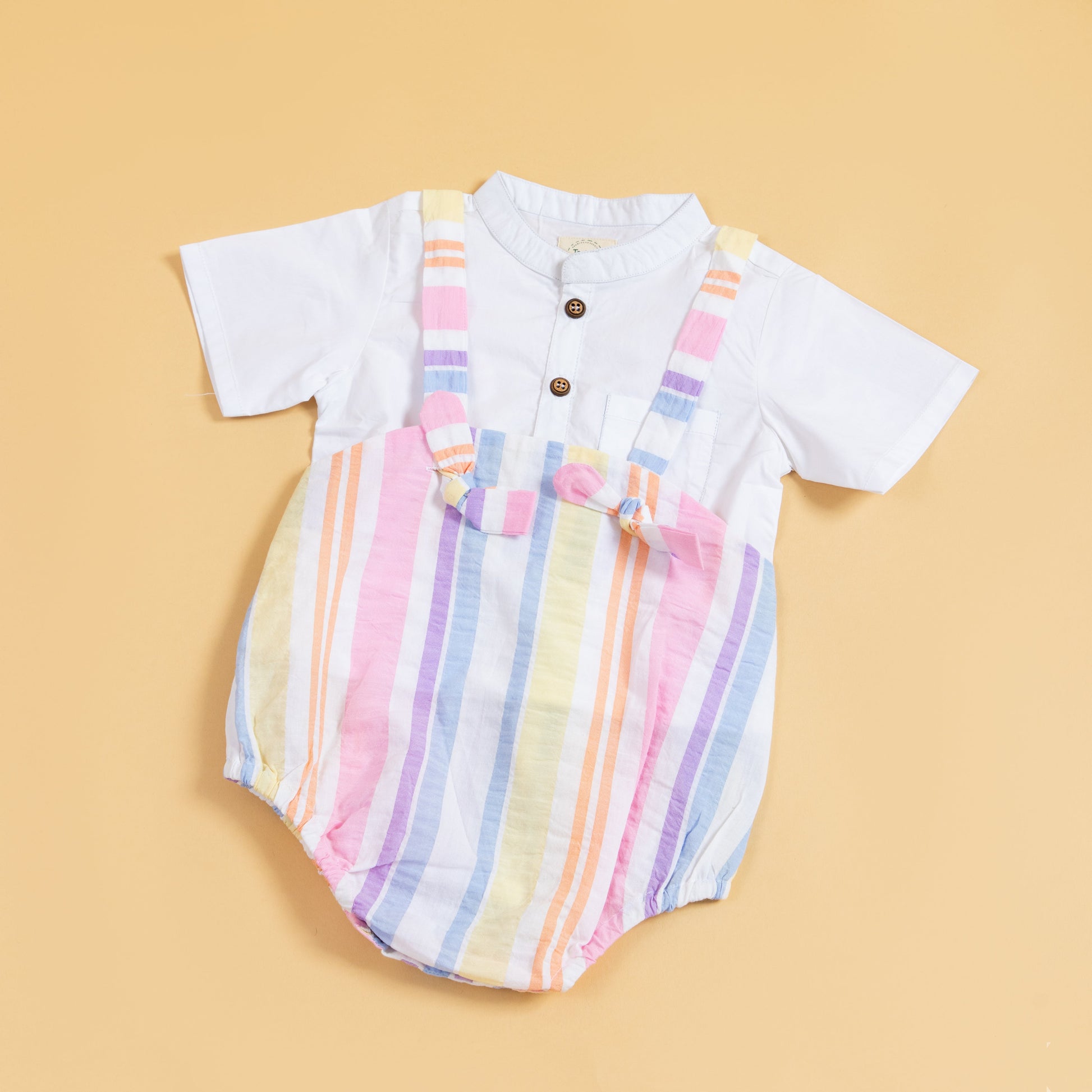 Colorful striped romper with white shirt for trendy baby clothes set by Stylera