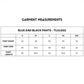 Garment measurements for trendy black blue athletic pants detailing waist, hips, and length sizes