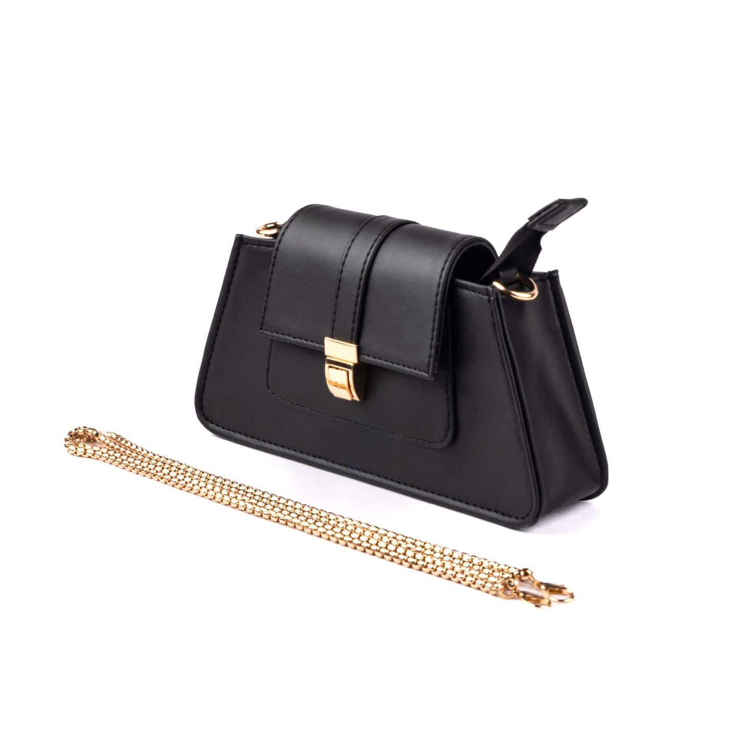 Trendy black shoulder bag for women with a chic gold chain strap and sleek design