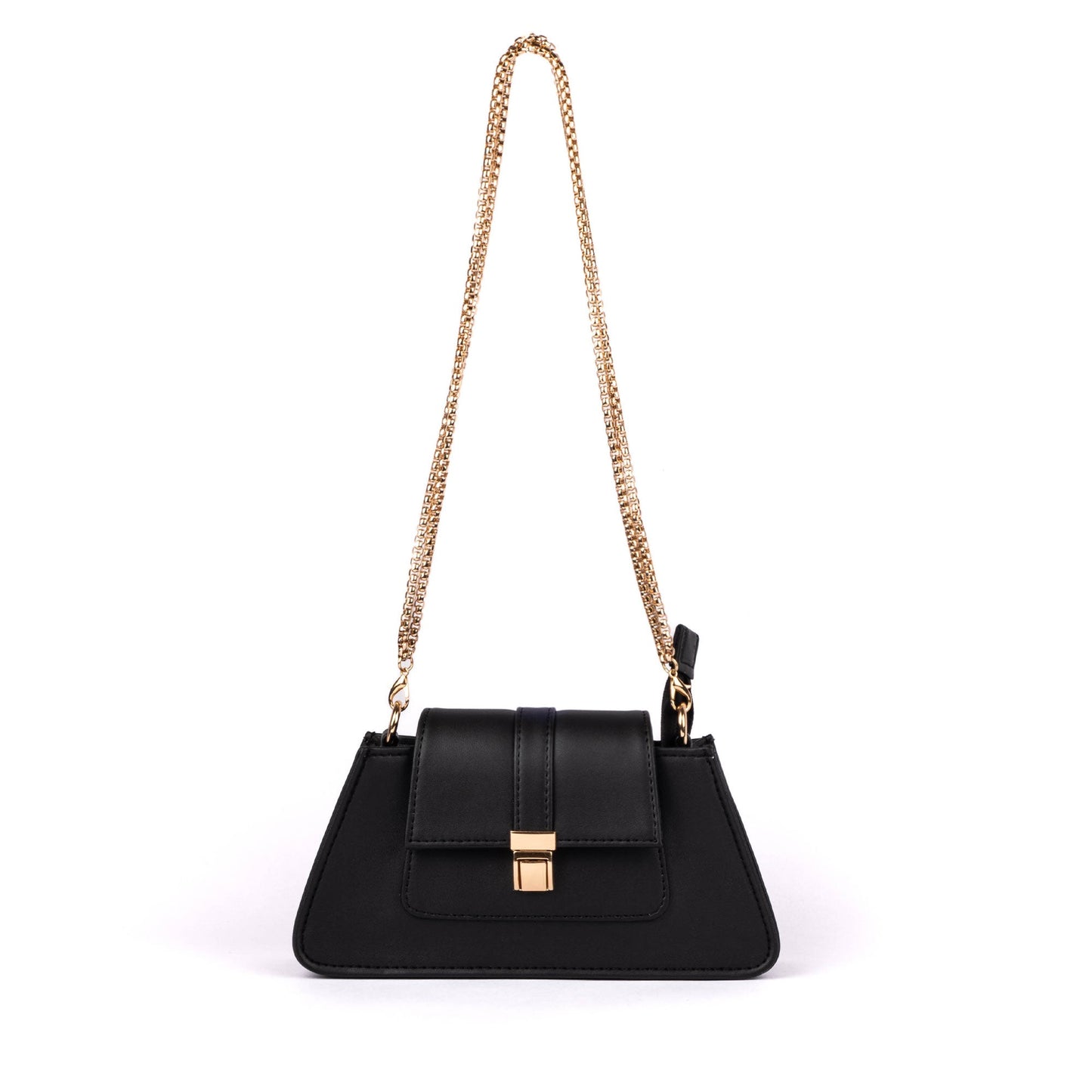 Stylish mini baguette bag in black with a gold chain strap, perfect trendy black shoulder bag for women