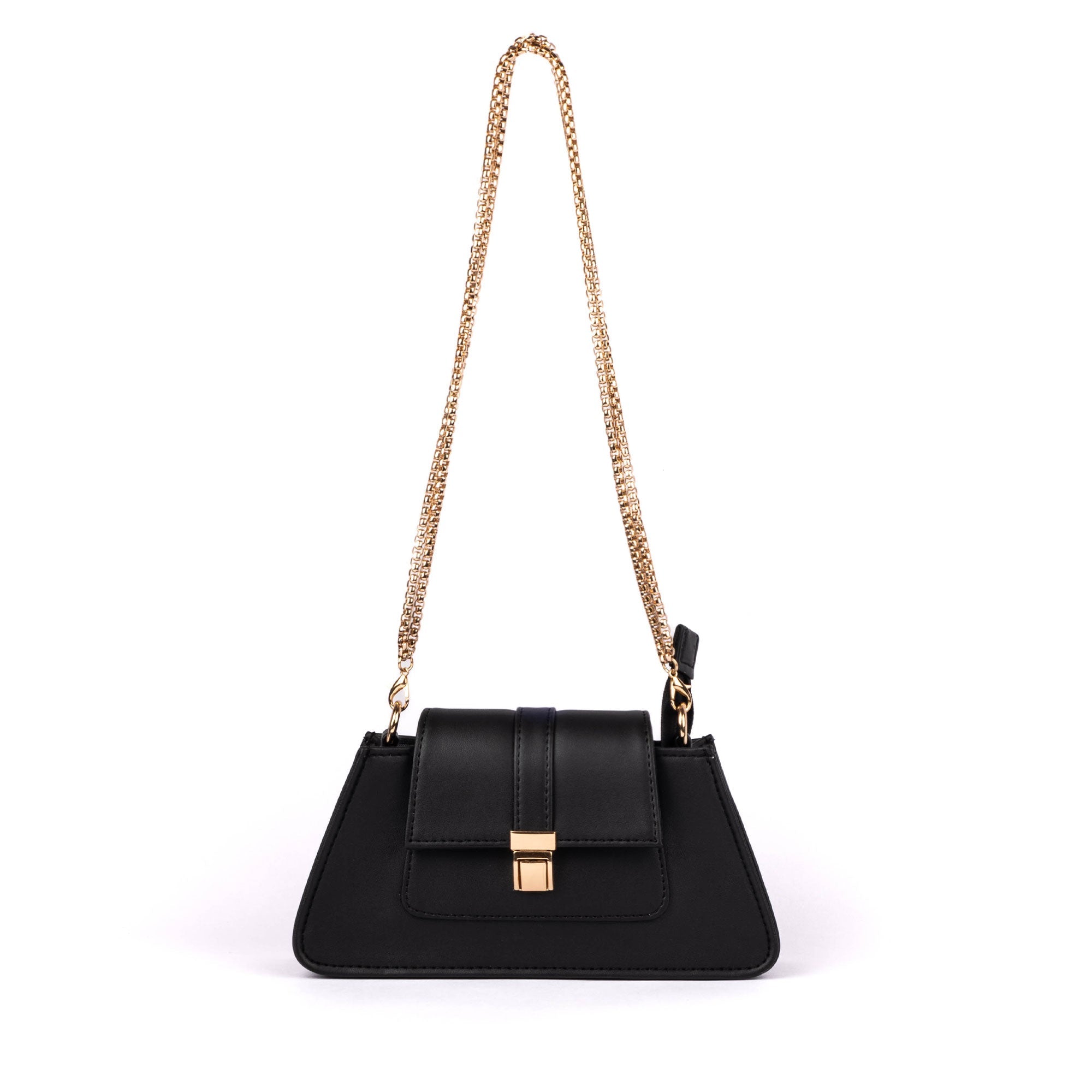 Stylish mini baguette bag in black with a gold chain strap, perfect trendy black shoulder bag for women