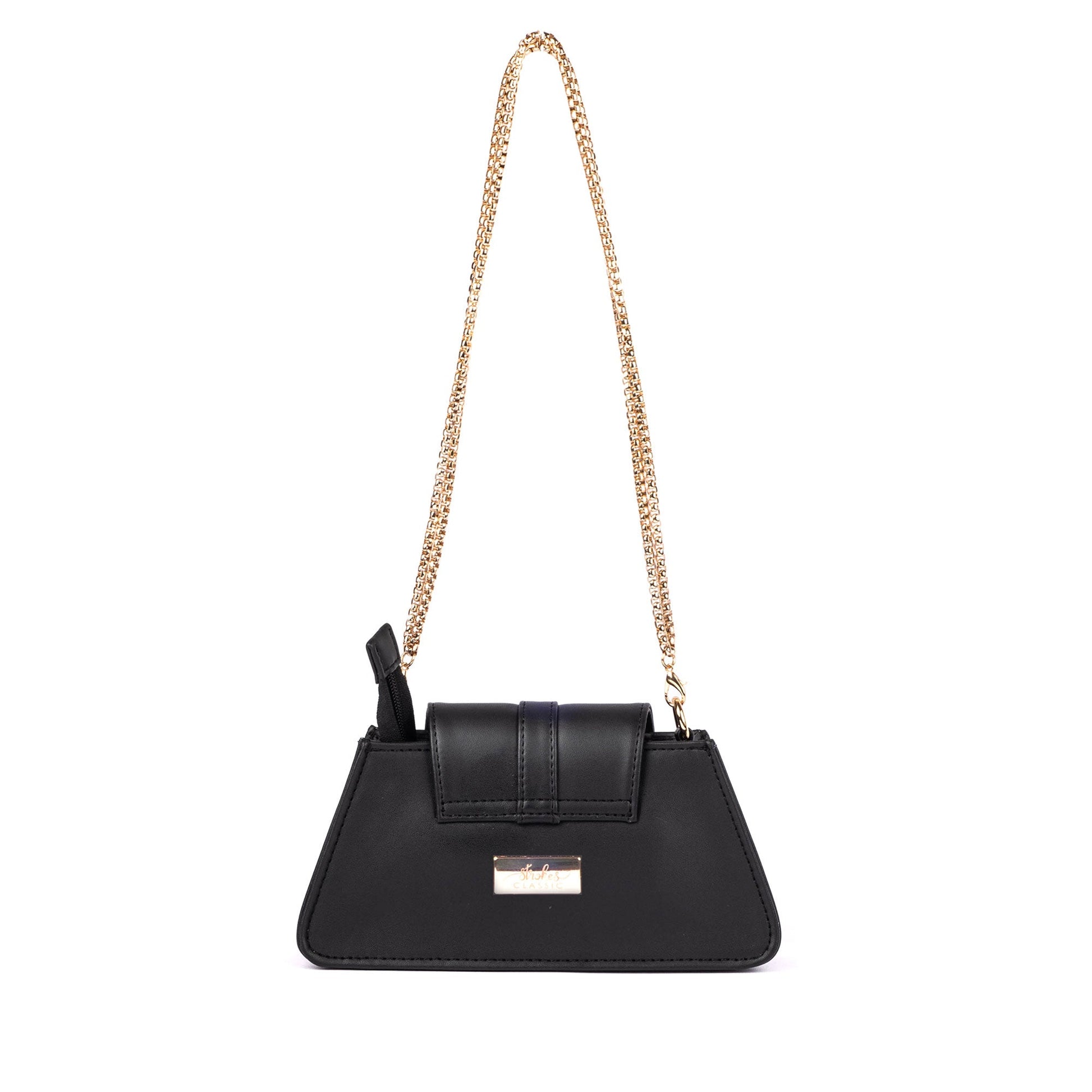 Trendy black shoulder bag for women with a stylish design and gold chain strap