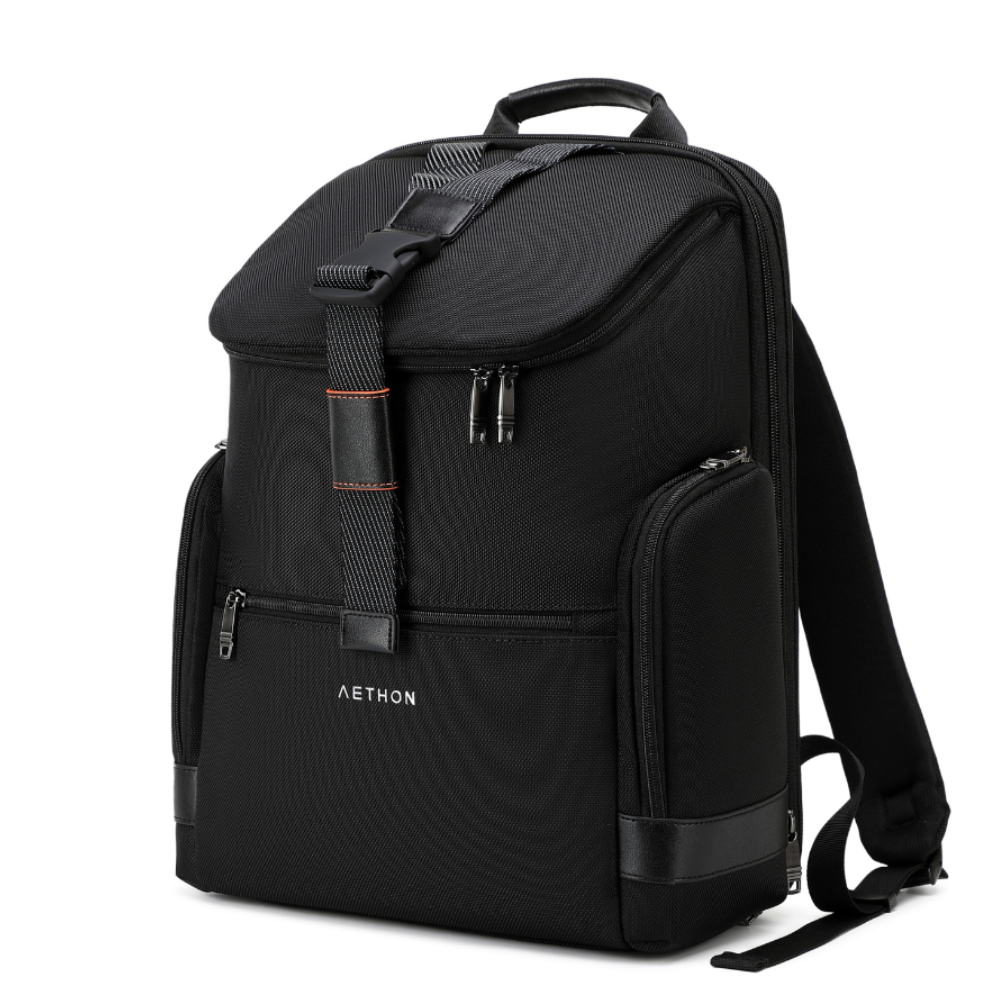 Stylera trendy black travel backpack with top flap front buckle side pockets and padded laptop compartment