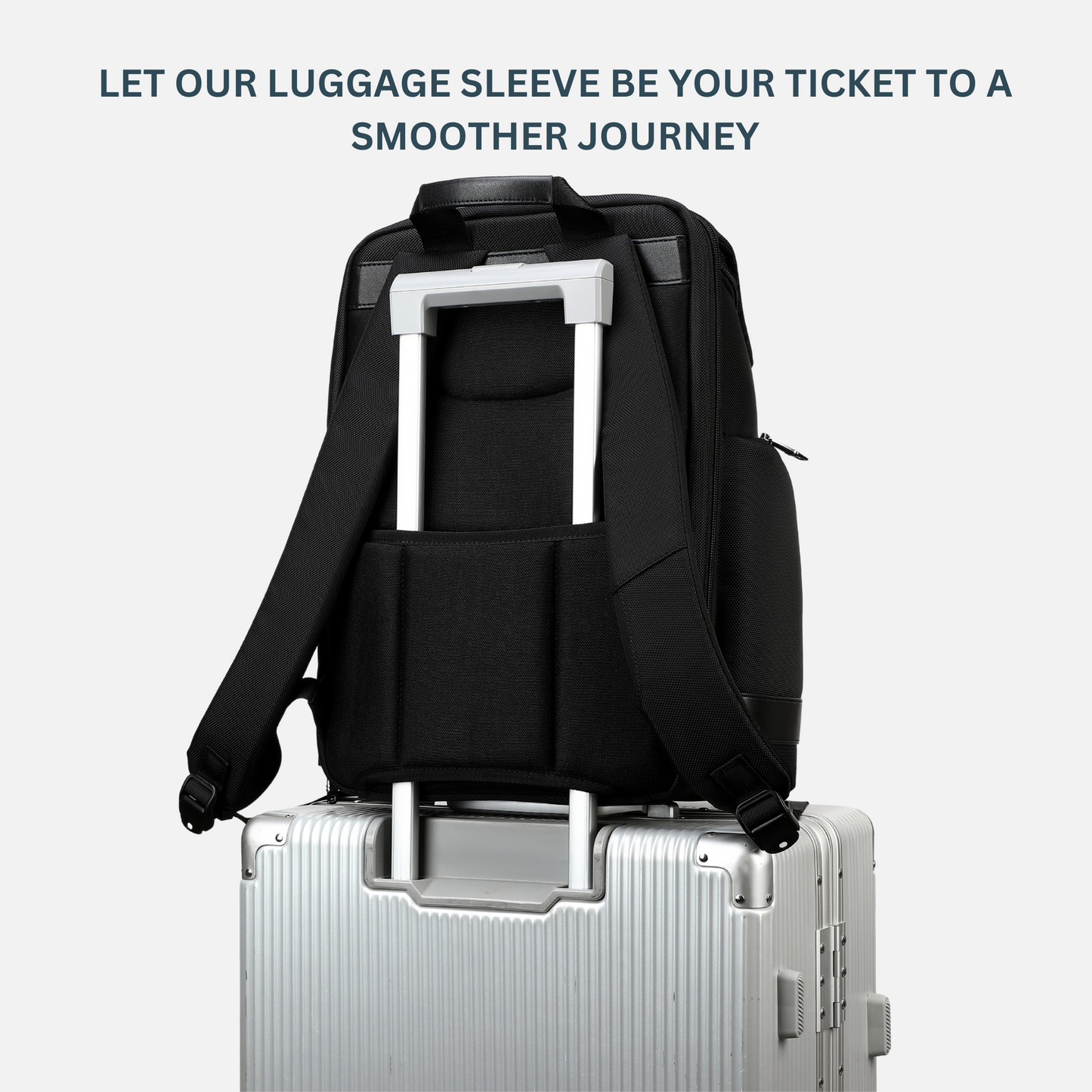 Stylera trendy black travel backpack with luggage sleeve secured on silver suitcase handle showing padded back