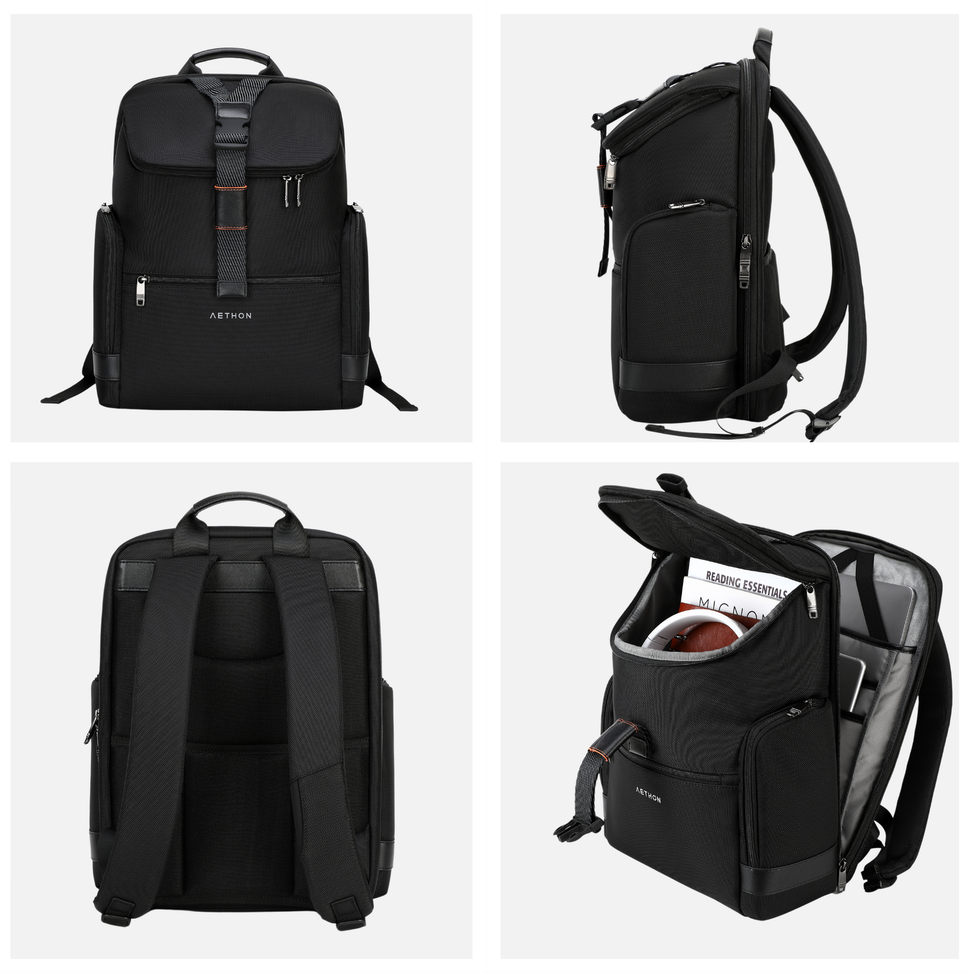 Stylera trendy black travel backpack with padded straps multiple compartments and zippered front pocket
