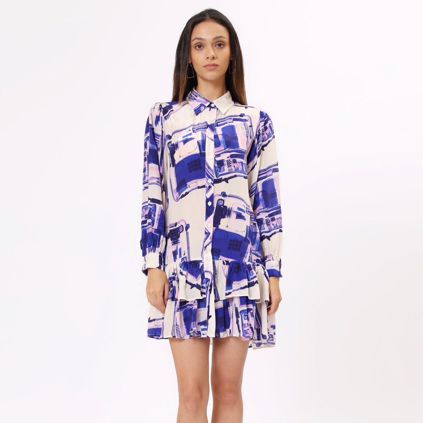 Stylera trendy blue casual dress for women with long sleeves and a stylish print
