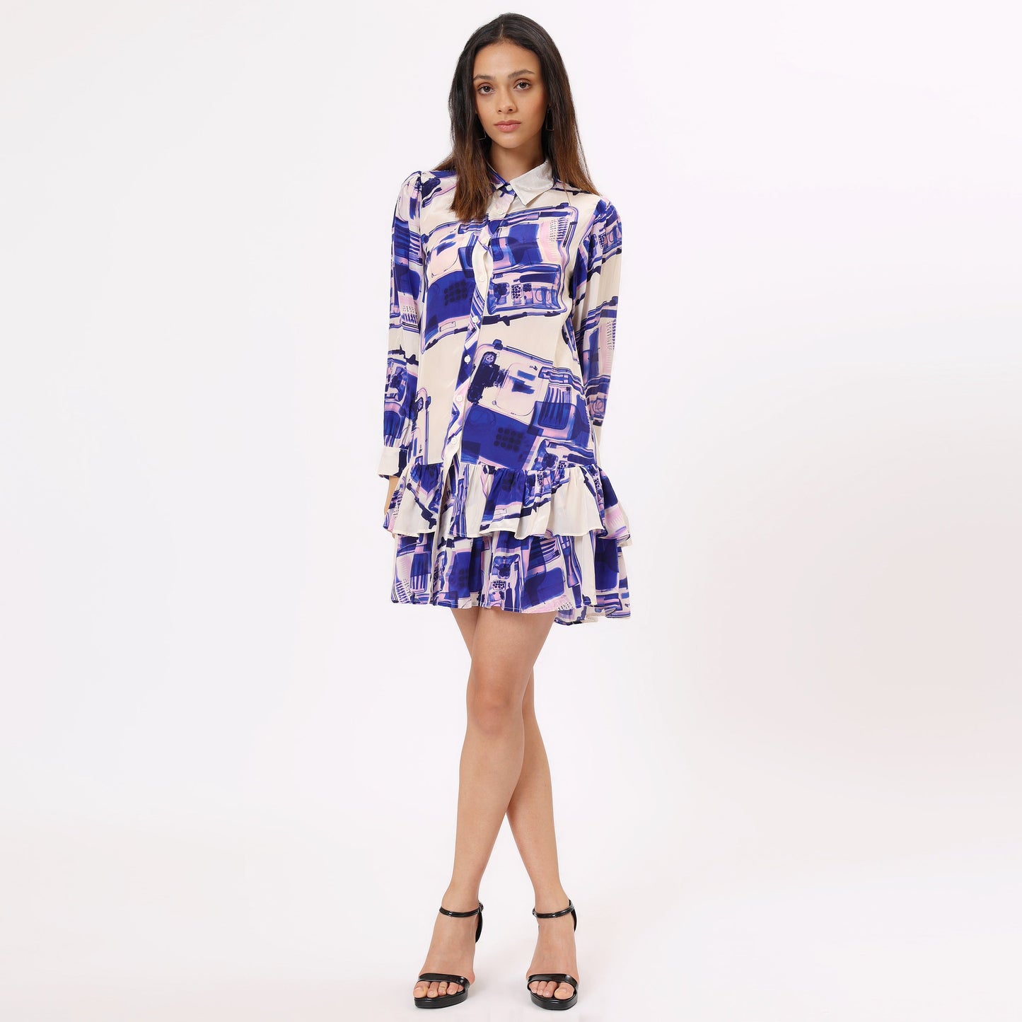 Stylera trendy blue casual dress for women with ruffled hem and stylish long sleeves