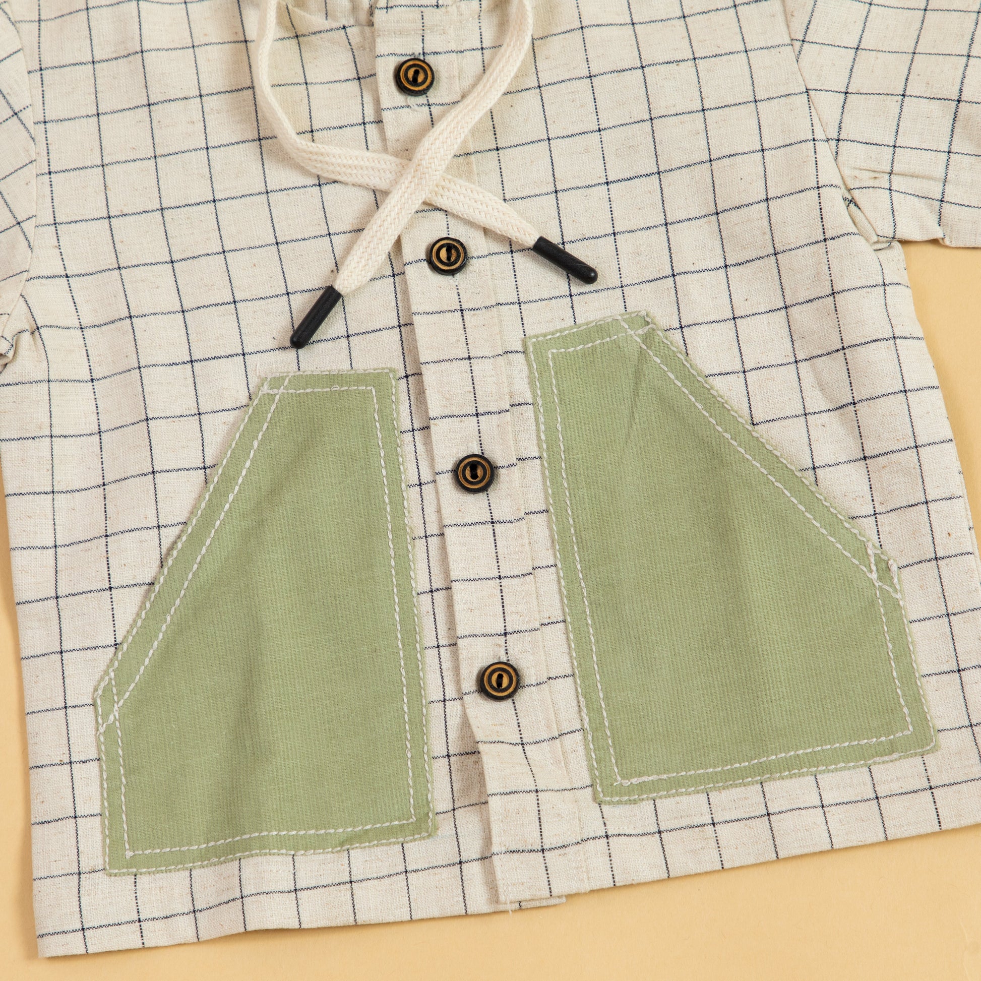 Stylera trendy boys hooded shirt with plaid design and green patch pockets