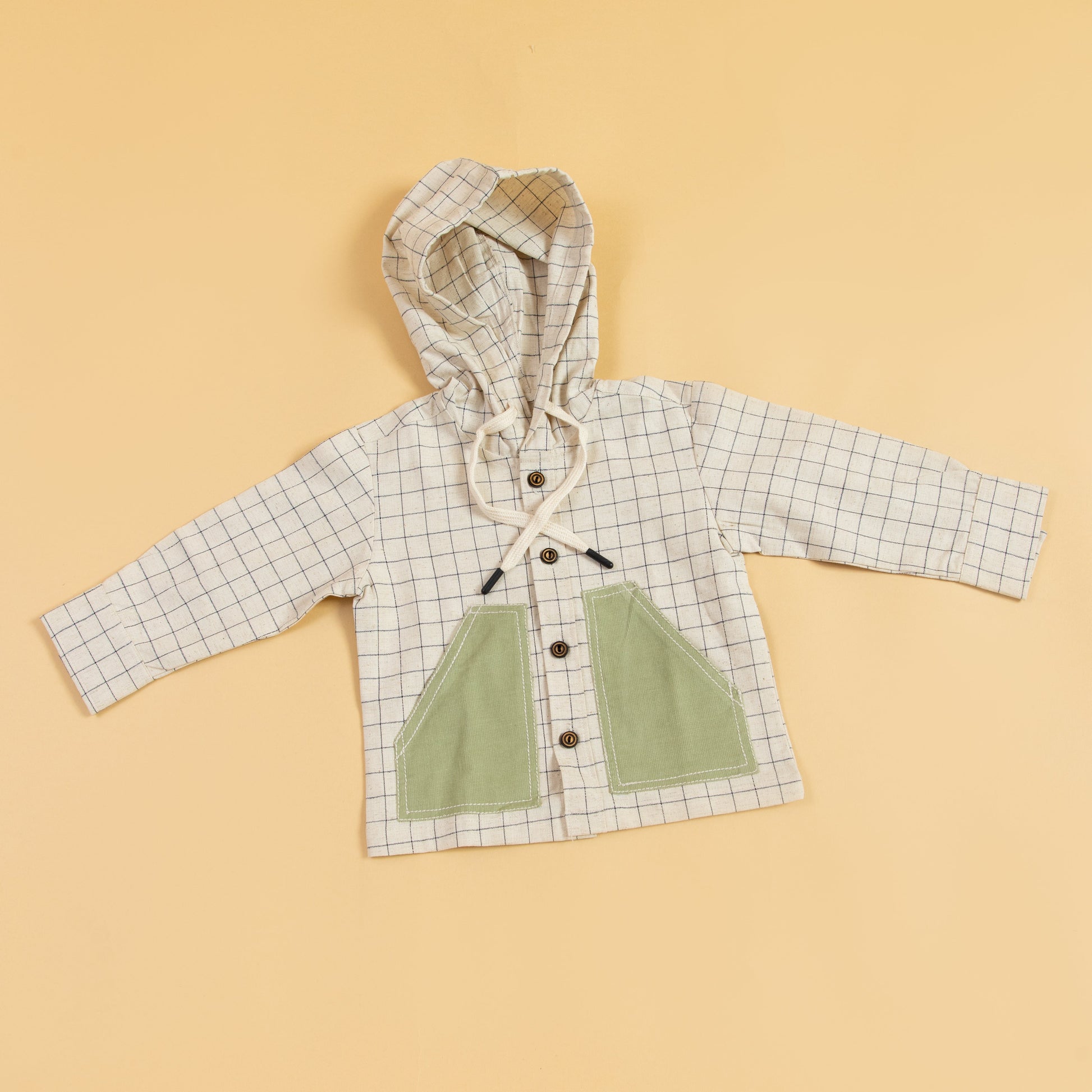 Stylera trendy boys hooded shirt in white grid pattern with green pockets and drawstring hood