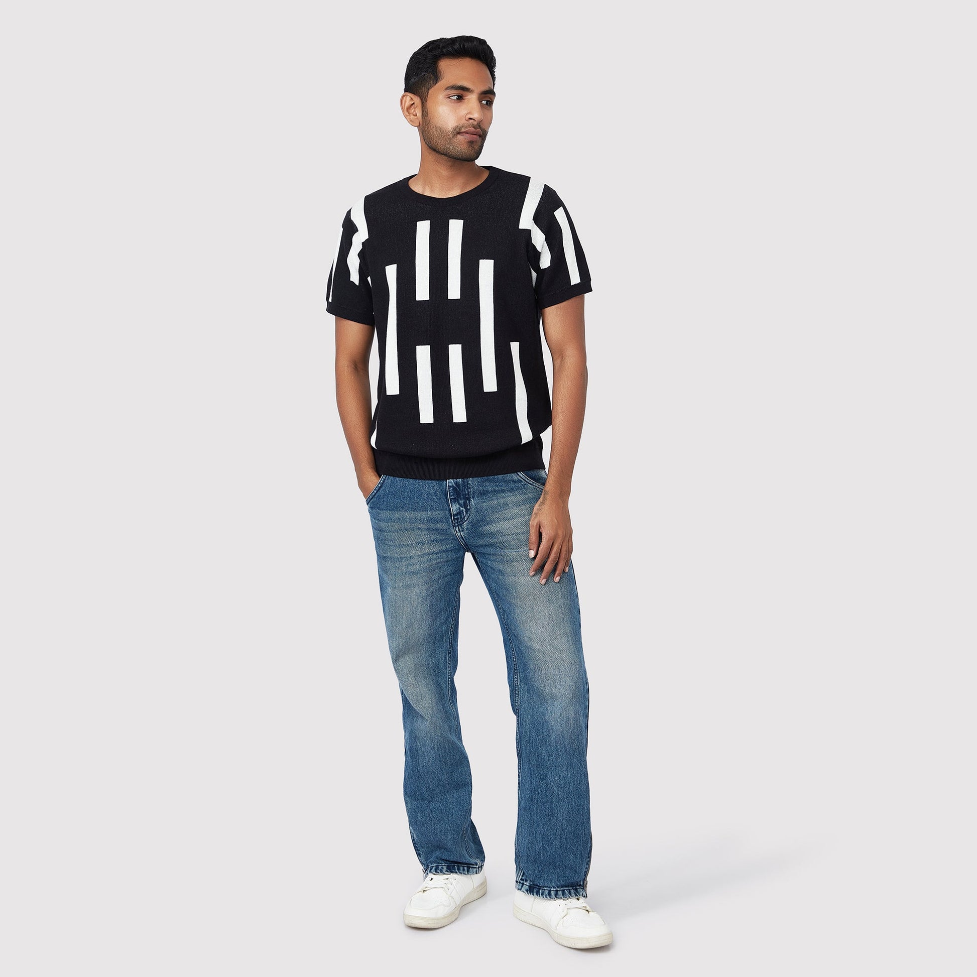 Trendy casual black tee featuring a modern striped design, perfect for stylish everyday wear