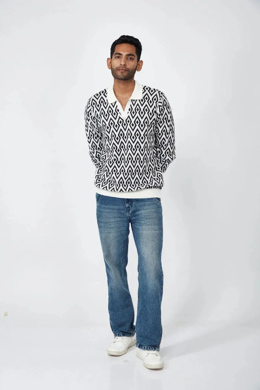 Men's Knit Polo with Black and White Pattern, a trendy casual polo for men