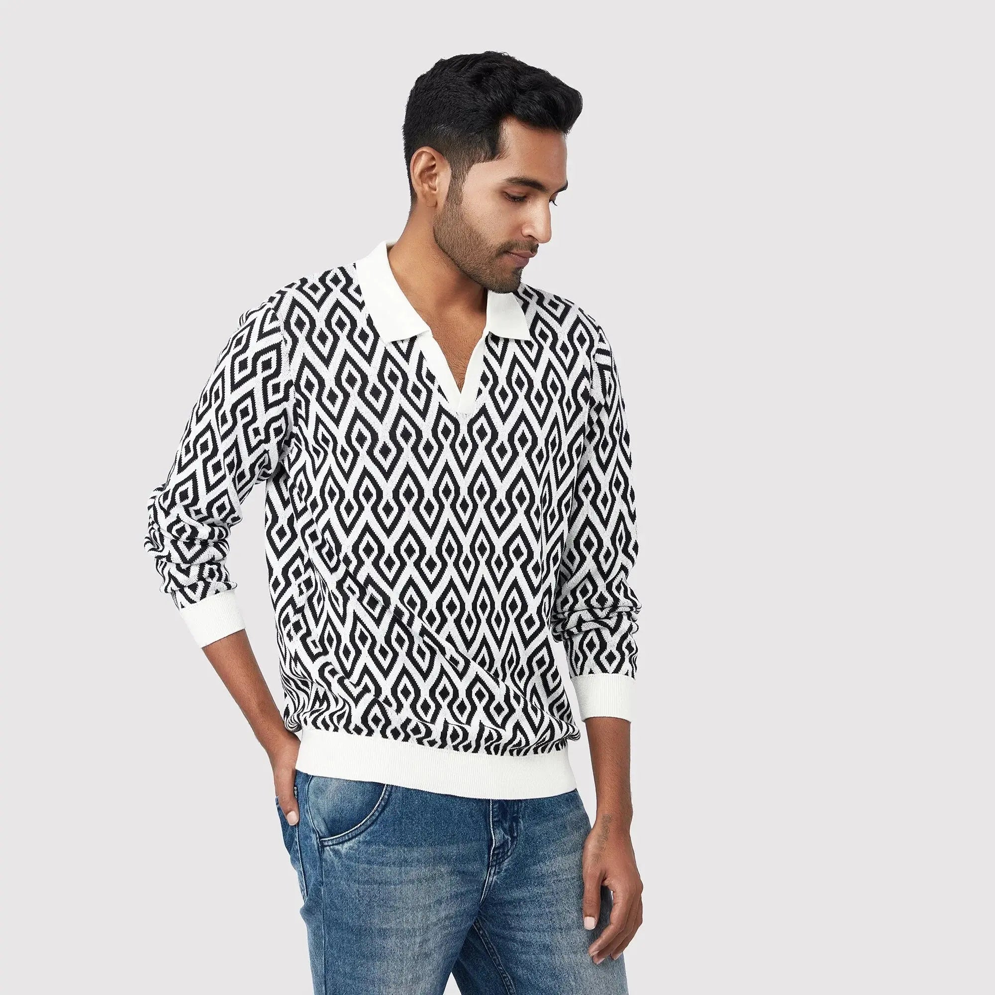 Trendy casual polo for men in black and white geometric pattern with a stylish V-neck design