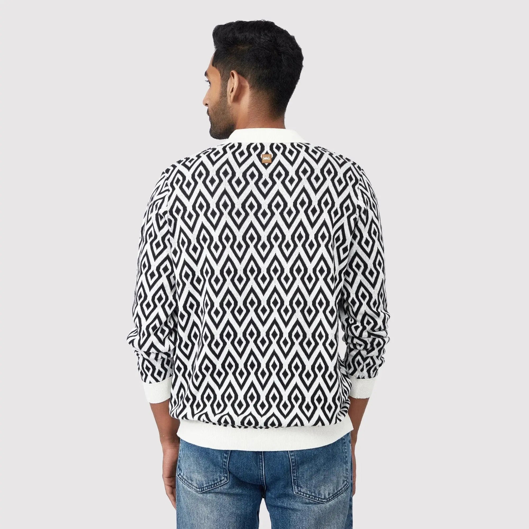 Stylera trendy casual polo for men featuring a modern geometric pattern in black and white