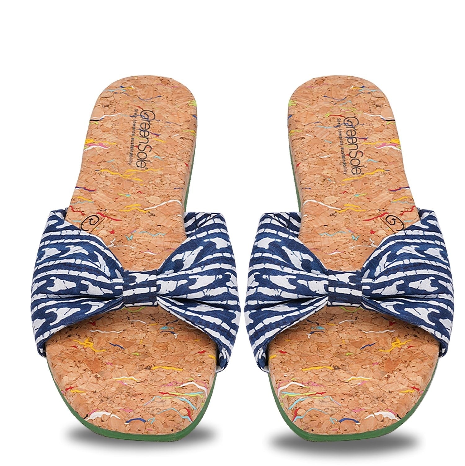 Stylera trendy casual sandals for women in navy with bow design and cork footbed