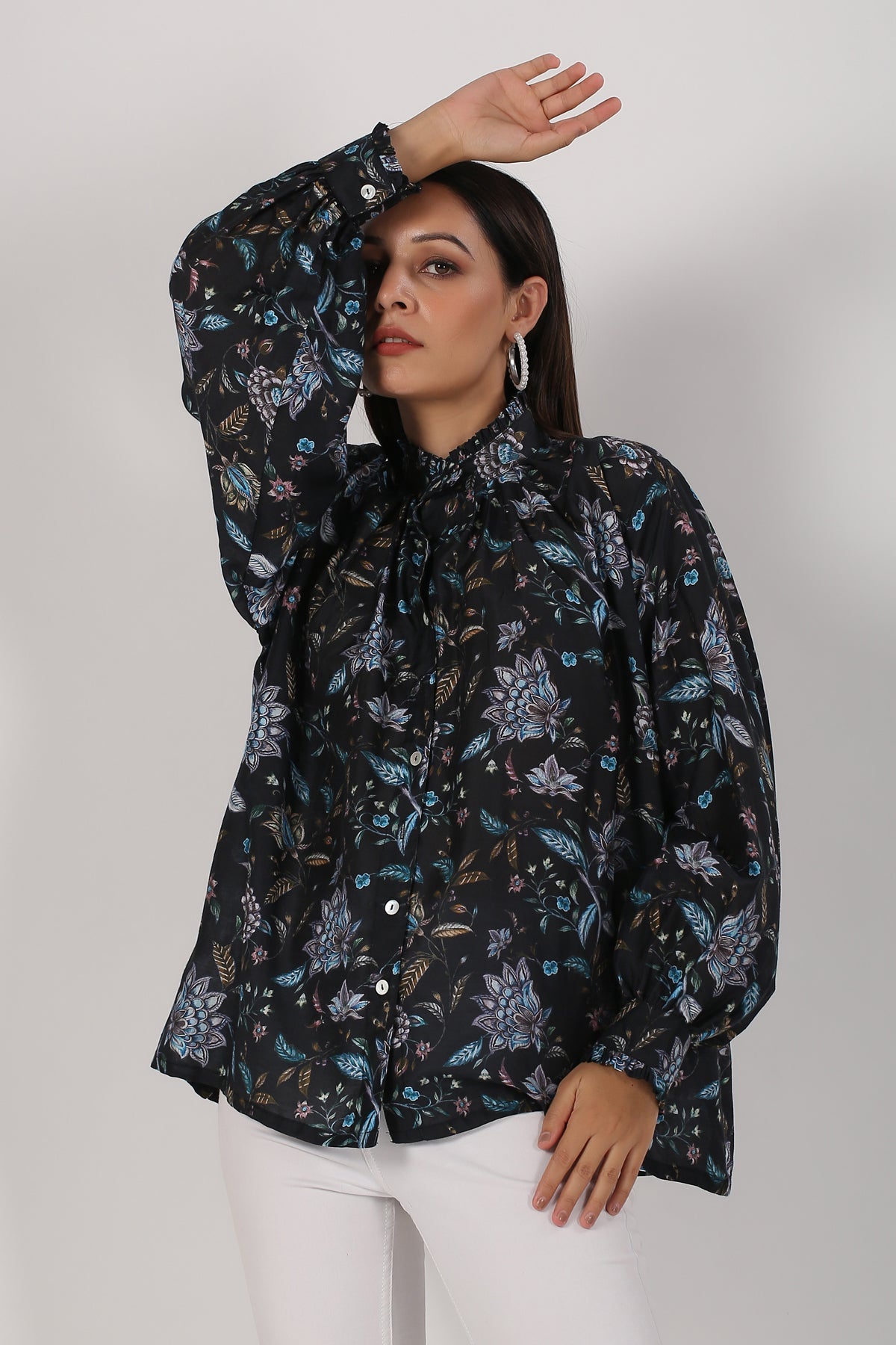 Stylera floral print blouse in black, a stylish choice among trendy casual shirts for ladies
