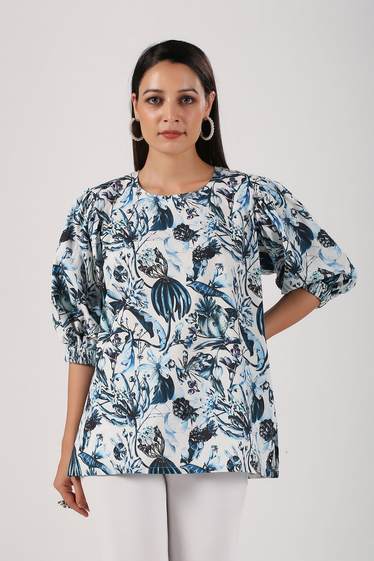 Stylera floral printed trendy casual tops for women featuring puff sleeves and a relaxed fit
