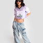 Stylera trendy casual tops for women purple cropped tee with graphic and striped sleeves