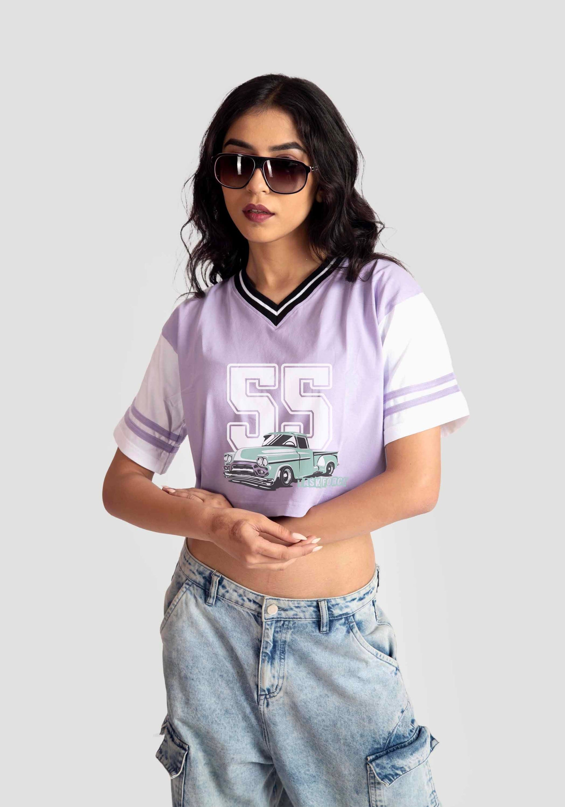 Stylera trendy casual tops for women featuring a purple cropped graphic tee with vintage car print