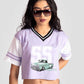 Stylera trendy casual tops for women lavender crop top with vintage car graphic and striped sleeves