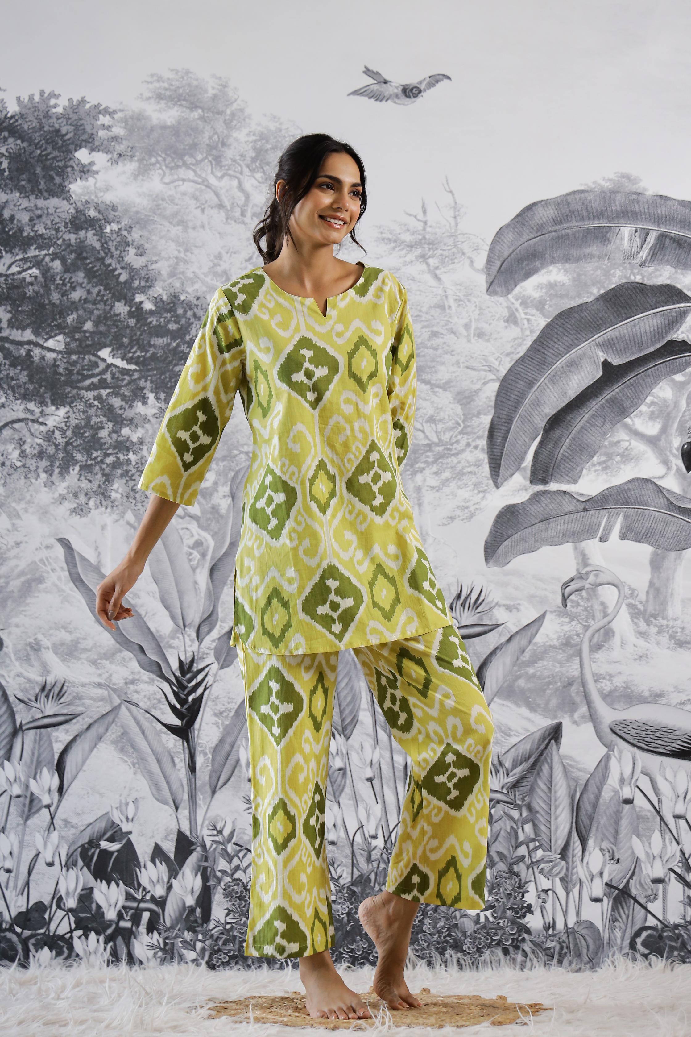 Trendy cotton two piece outfit featuring a vibrant green tunic and matching pants for a stylish look