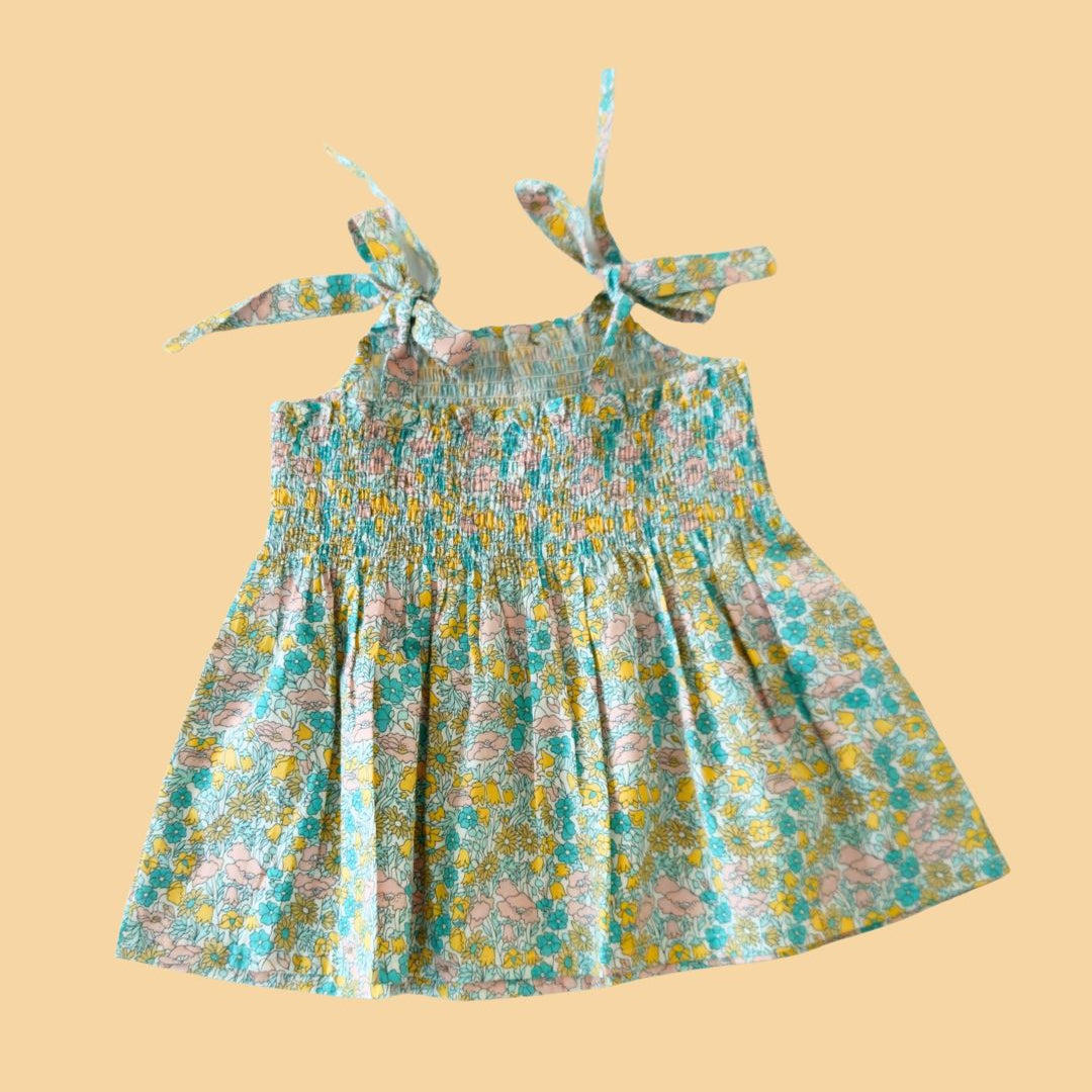 Trendy cyan casual dress with floral print and adjustable tie straps for summer wear