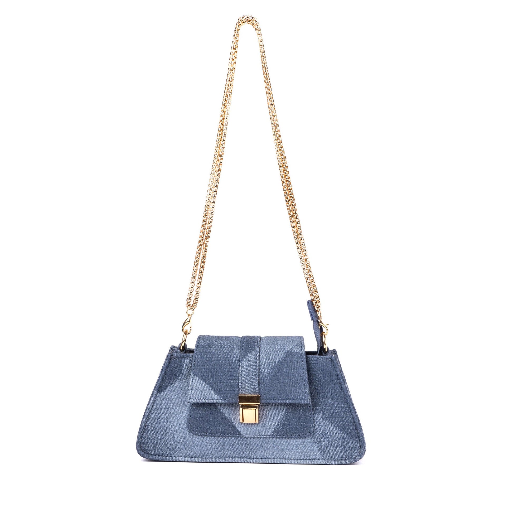Trendy denim shoulder bag with a sleek design and gold chain strap for stylish outfits