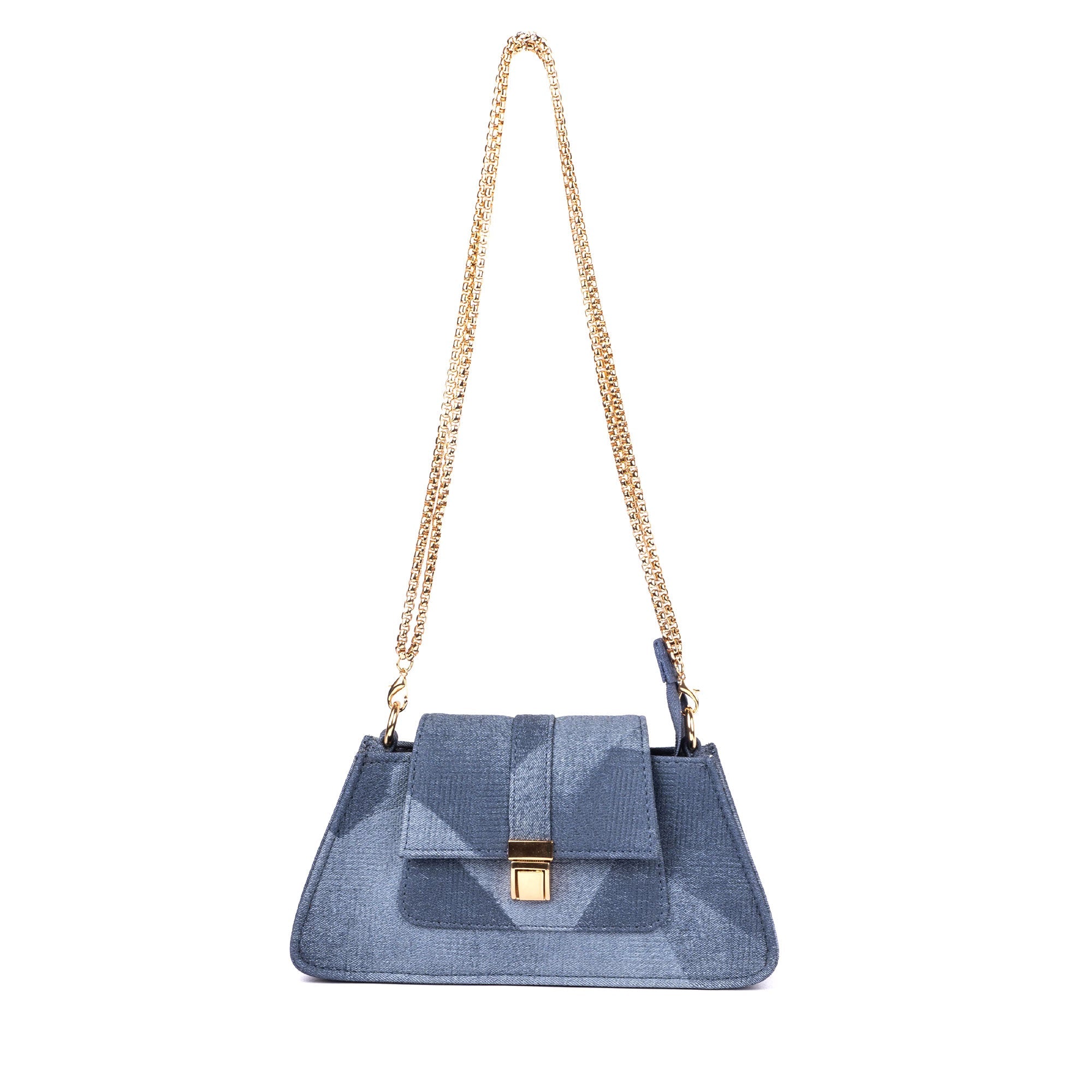 Trendy denim shoulder bag with a sleek design and gold chain strap for stylish outfits