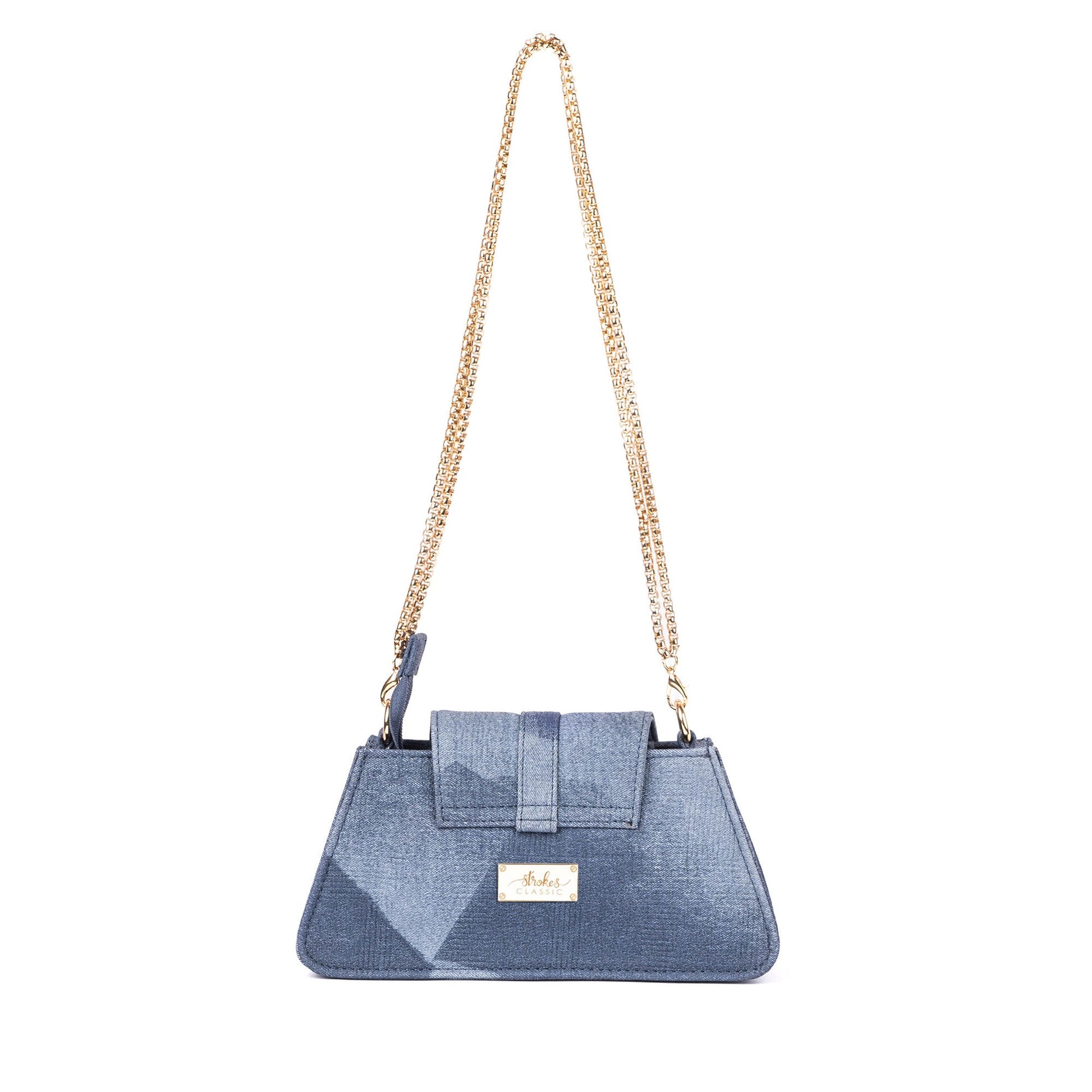 Trendy denim shoulder bag by Stylera with a stylish gold chain strap