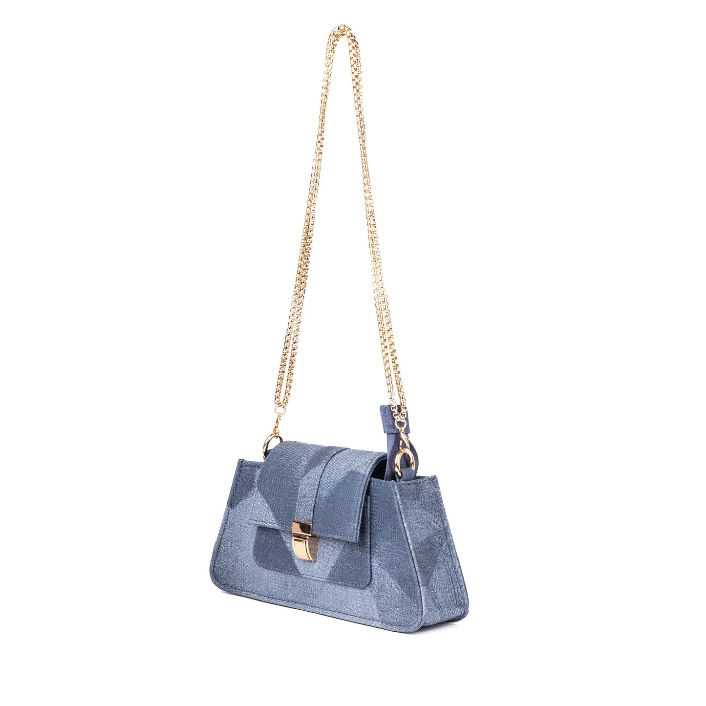 Trendy denim shoulder bag with golden chain strap and stylish clasp for chic looks
