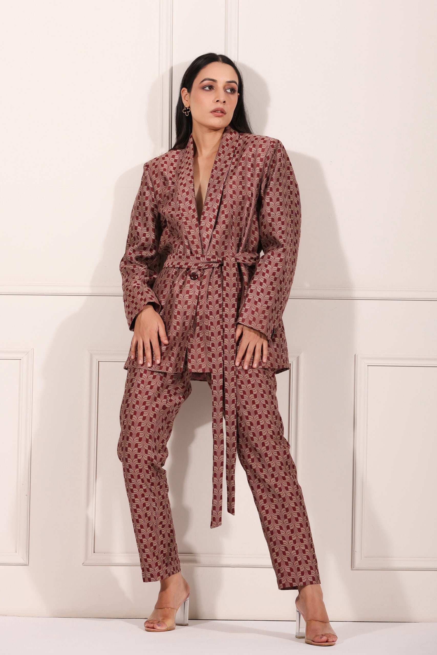 Stylera trendy ethnic blazer pant set in rose with a stylish belt and patterned design for modern elegance