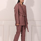Trendy ethnic blazer pant set in maroon with a stylish tie detail and elegant pattern for chic occasions