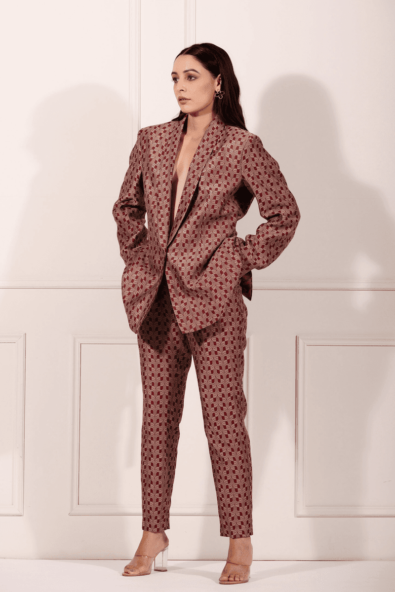 Trendy ethnic blazer pant set in maroon with a stylish pattern for modern occasions