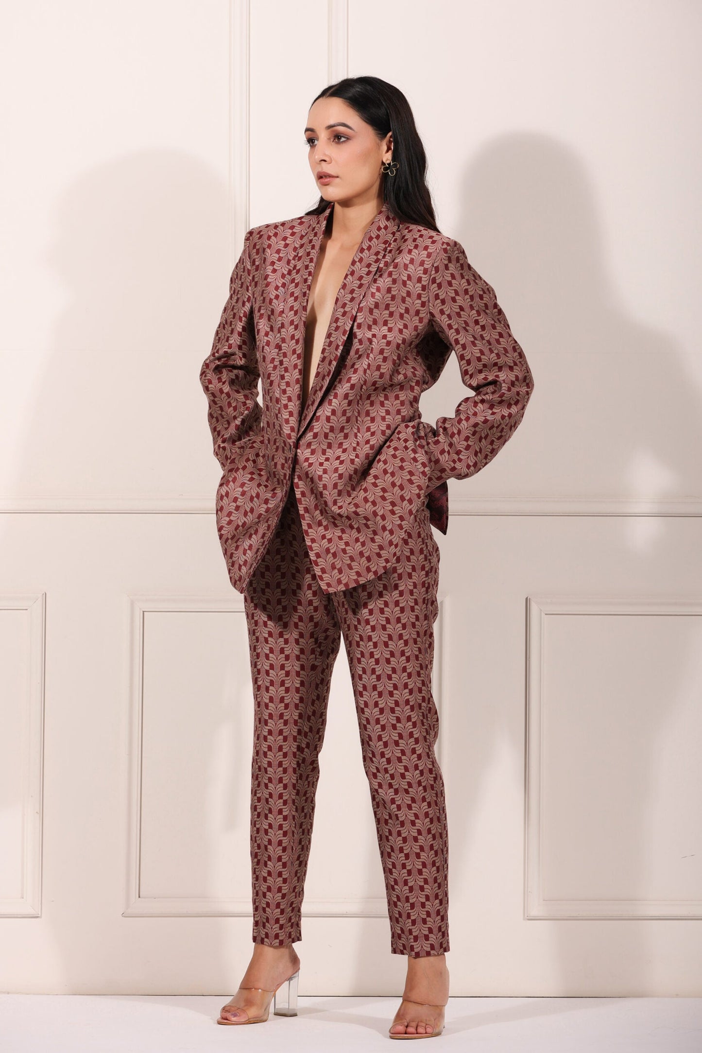 Trendy ethnic blazer pant set in maroon with unique print, perfect for stylish outings and events