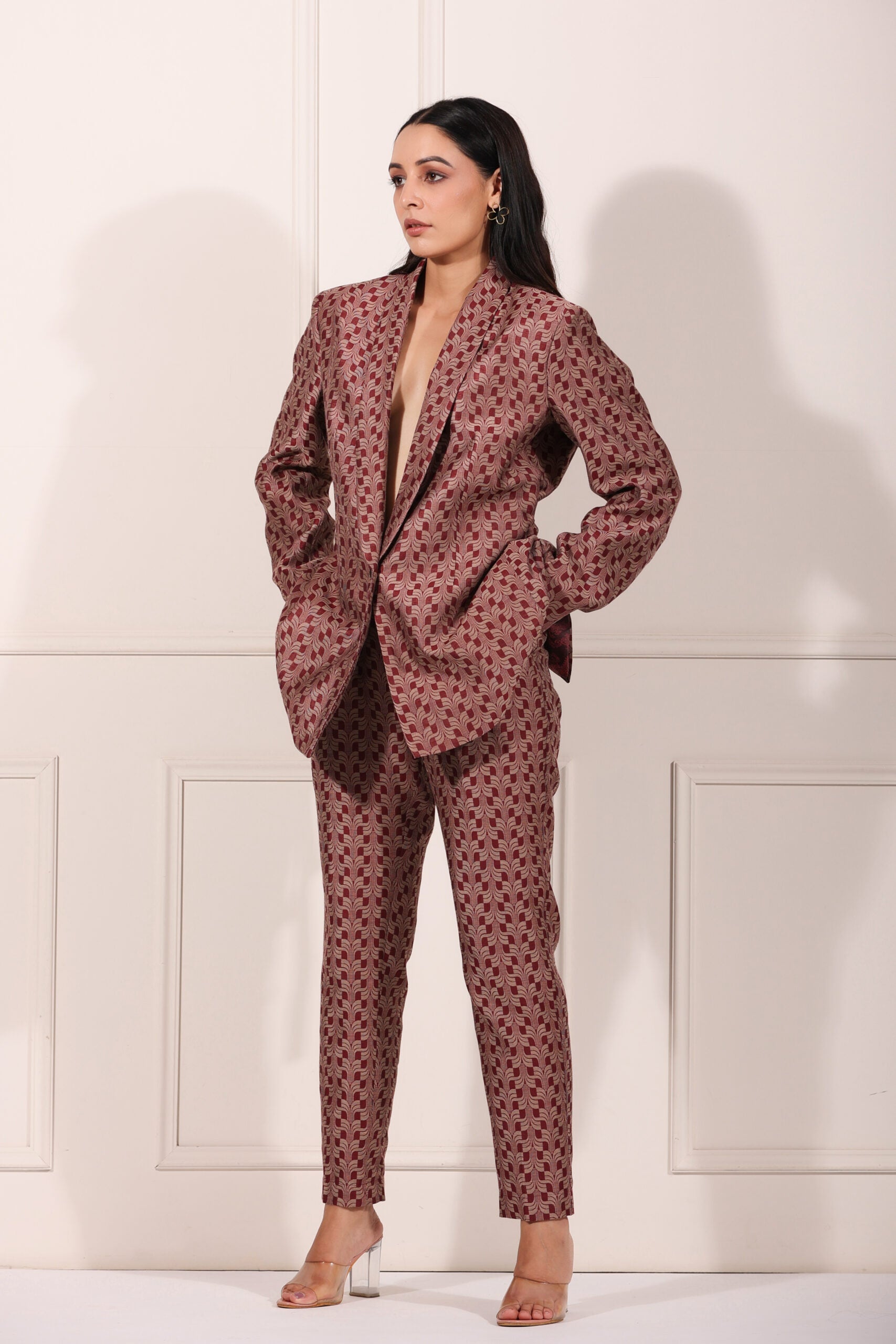 Trendy ethnic blazer pant set in maroon with unique print, perfect for stylish outings and events