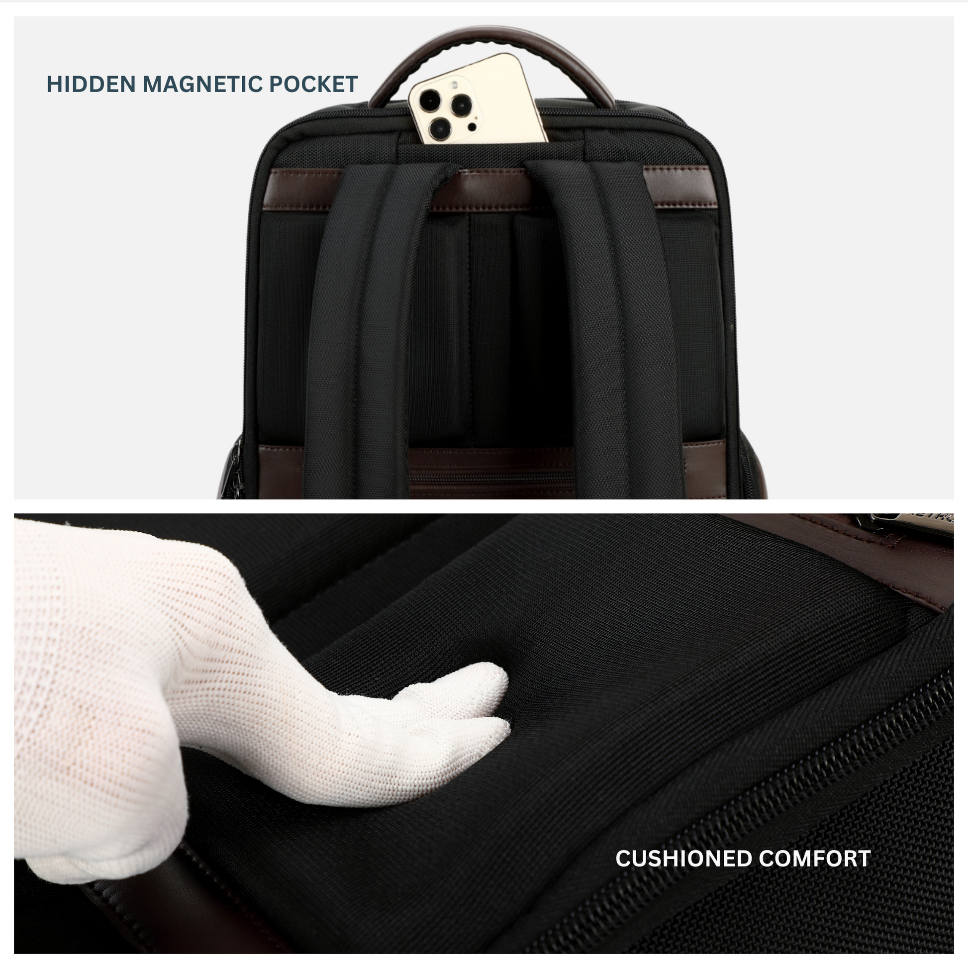 Stylera trendy everyday backpack cocoa black with hidden magnetic pocket and cushioned padded back