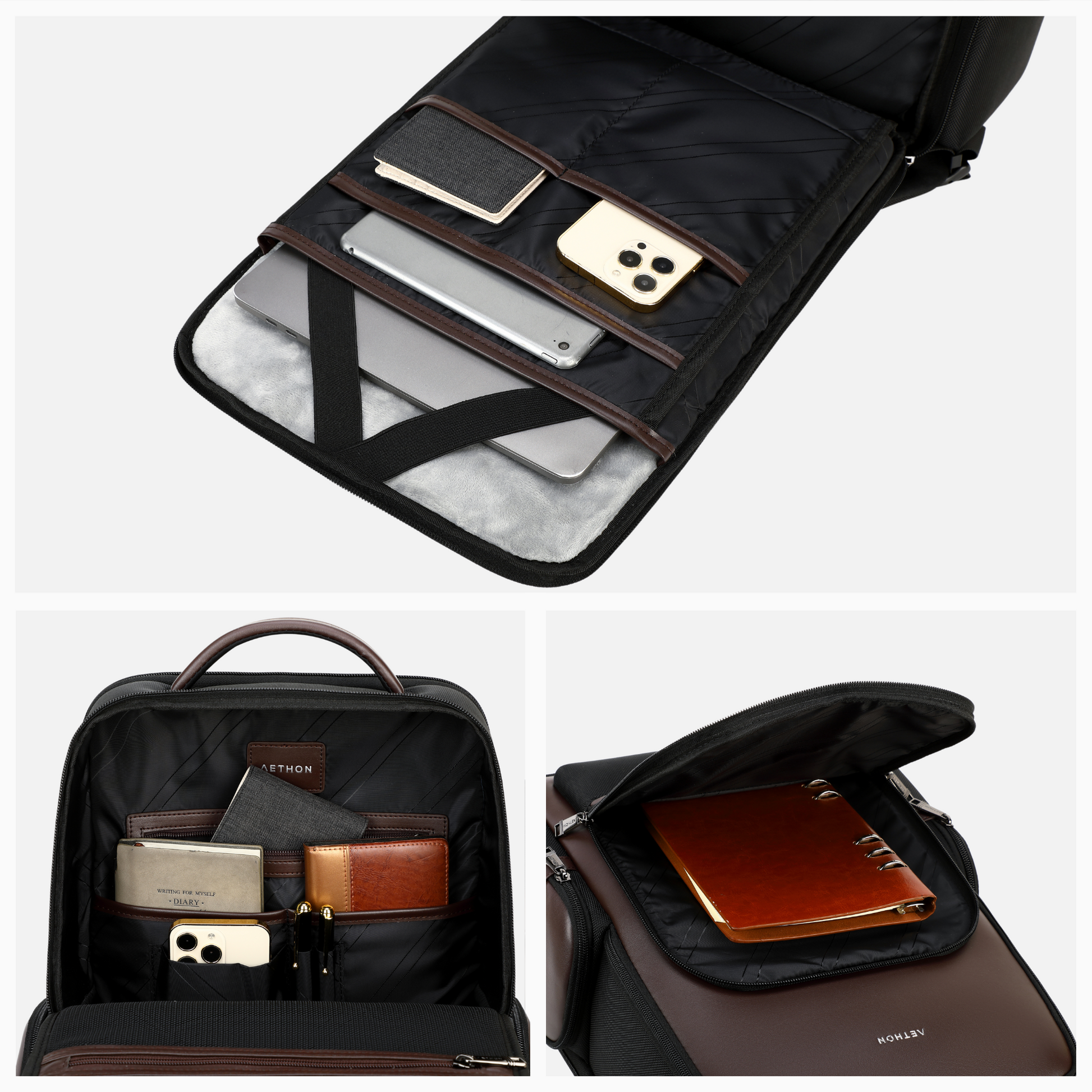 Stylera trendy everyday backpack cocoa black with padded laptop sleeve organizer pockets and top leather handle