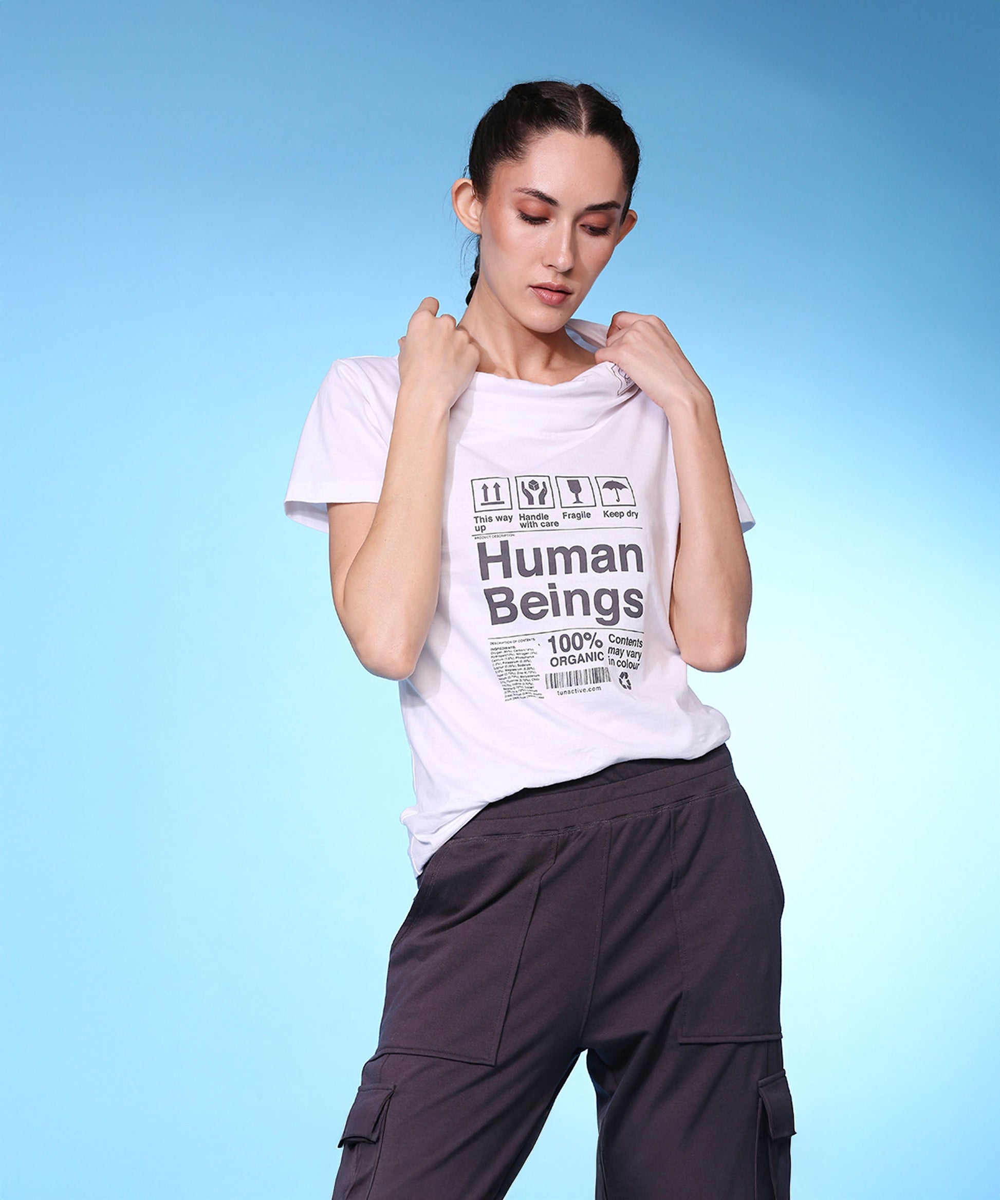 Trendy fashion joggers with pockets paired with a graphic t-shirt for a casual look