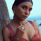 Stylera gold statement ring on model hand with matching pendant and earrings trendy gold fashion accessories