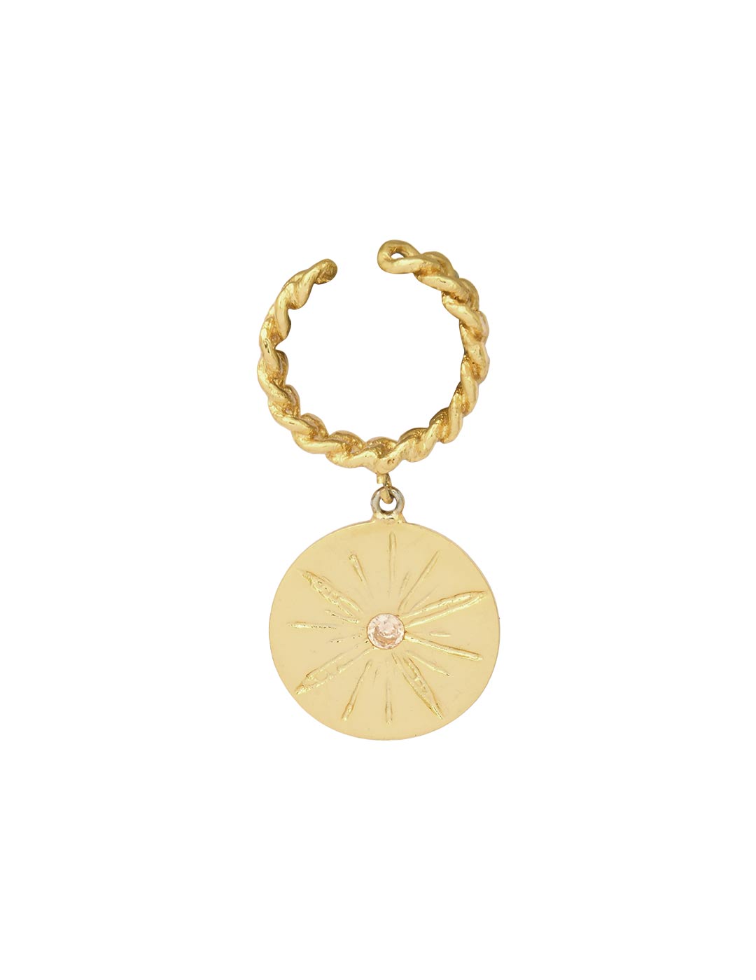 Stylera adjustable twisted gold ring with dangling sunburst disc and crystal center trendy gold fashion accessories