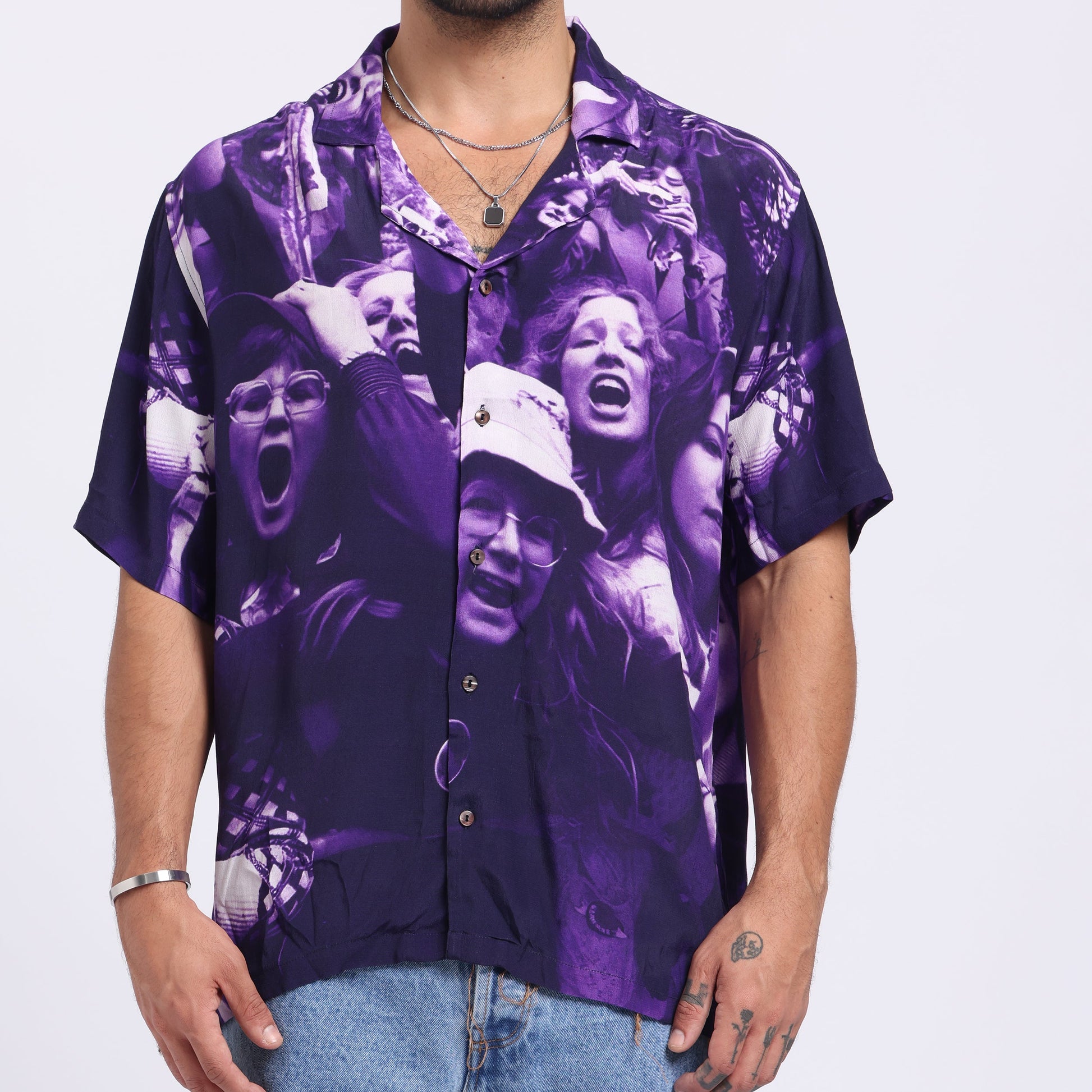 Stylera trendy graphic shirts for men featuring a vibrant purple crowd design with short sleeves
