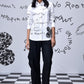 Stylera white button up shirt with black handwritten print on model trendy graphic shirts for women